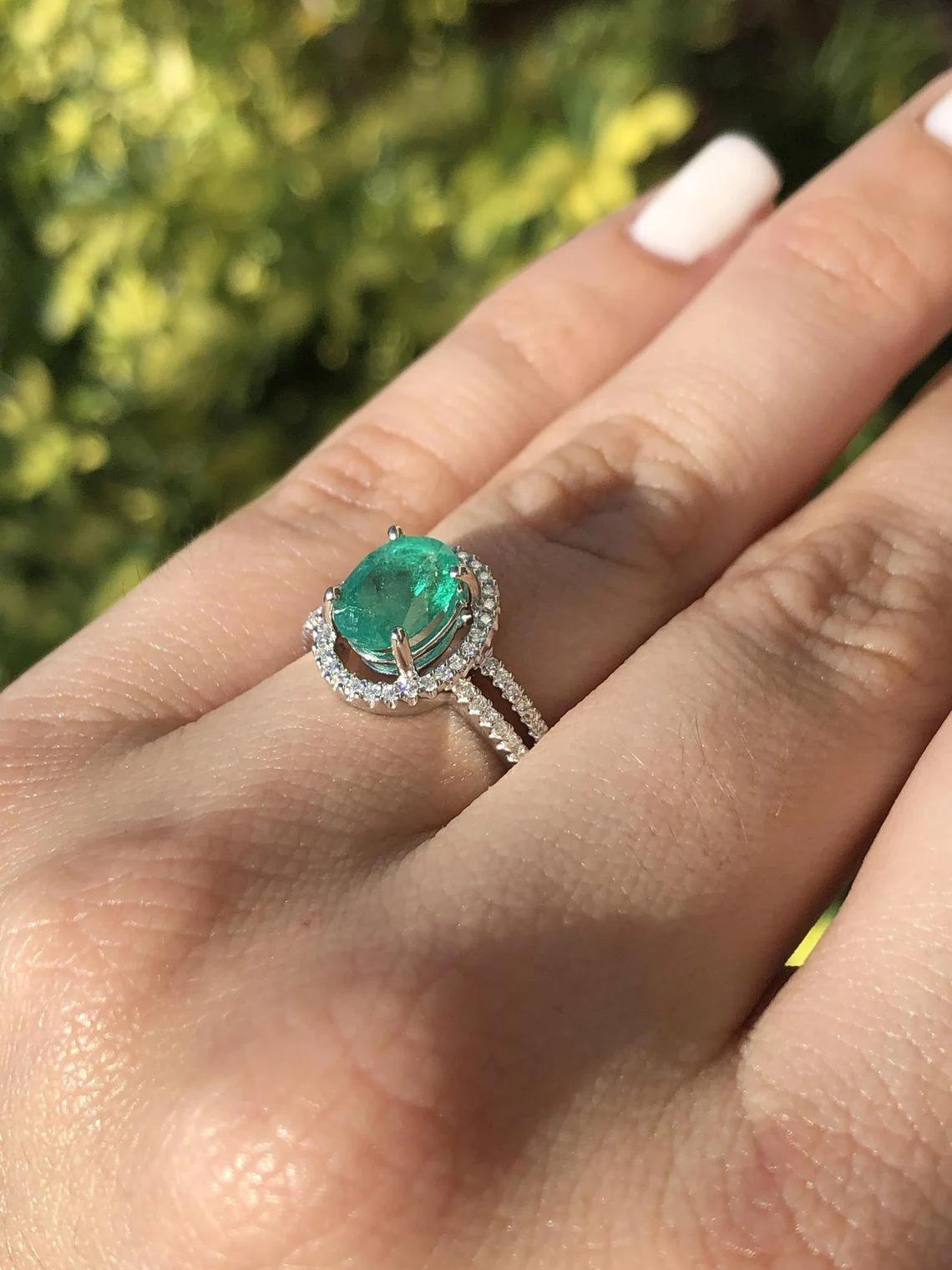 For Sale:  2.40tcw 14K Colombian Emerald Oval Cut& Diamond Halo Split Shank Engagement Ring 8