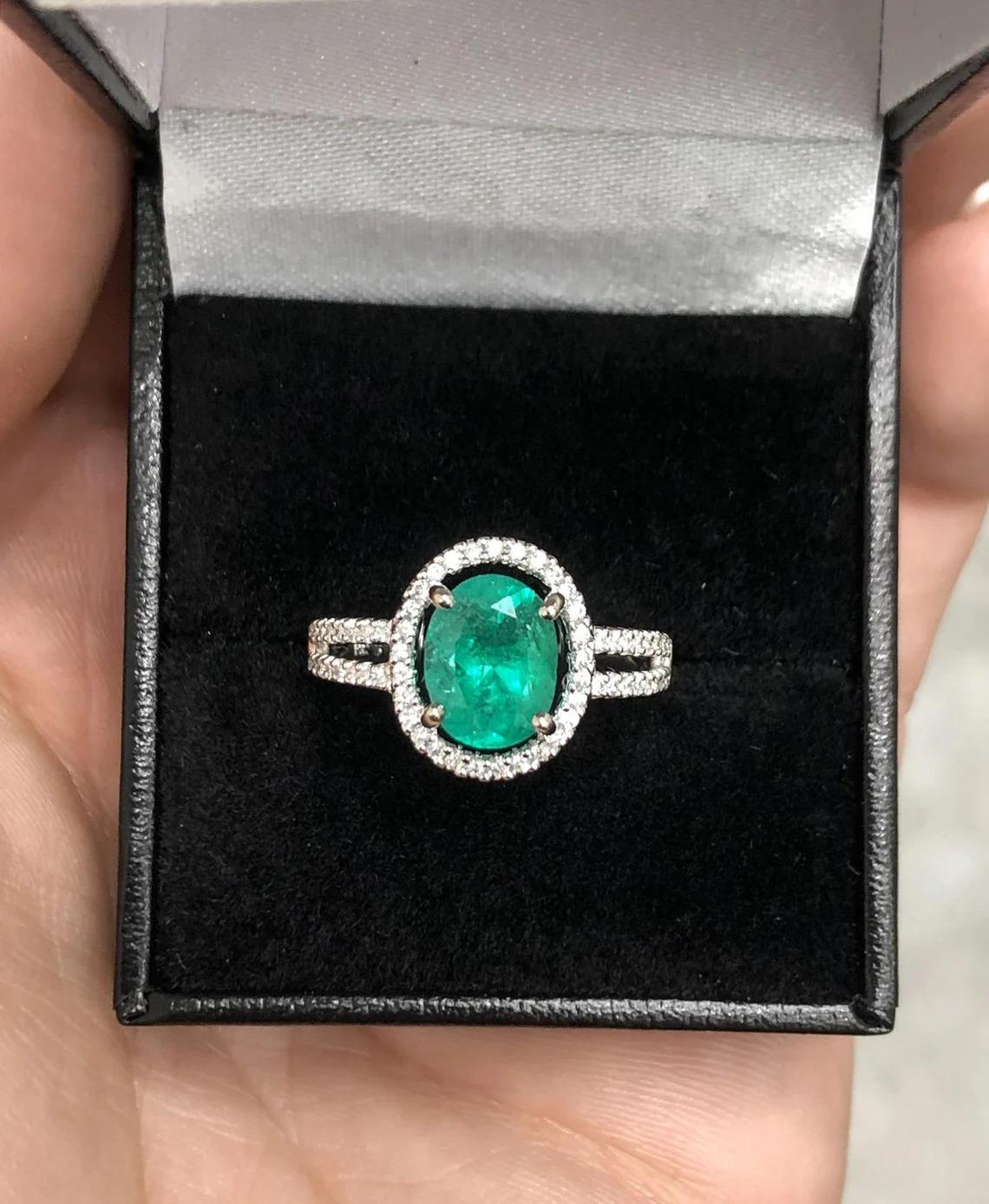 For Sale:  2.40tcw 14K Colombian Emerald Oval Cut& Diamond Halo Split Shank Engagement Ring 9