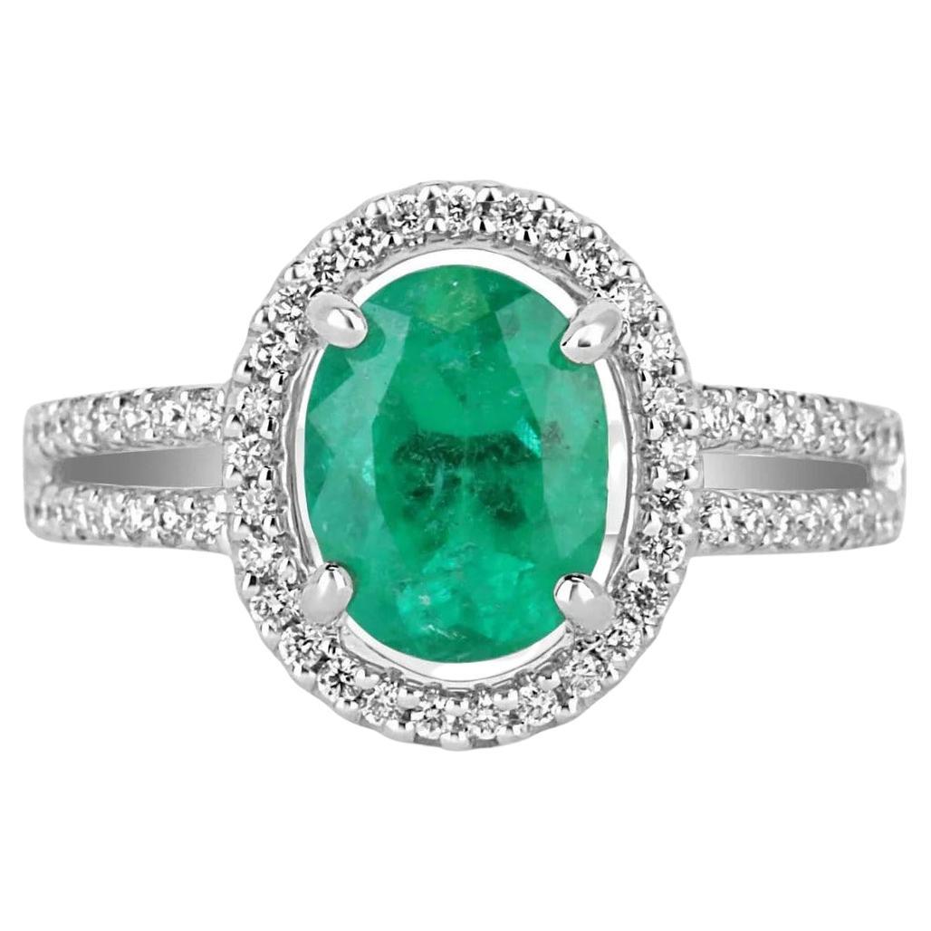 For Sale:  2.40tcw 14K Colombian Emerald Oval Cut& Diamond Halo Split Shank Engagement Ring