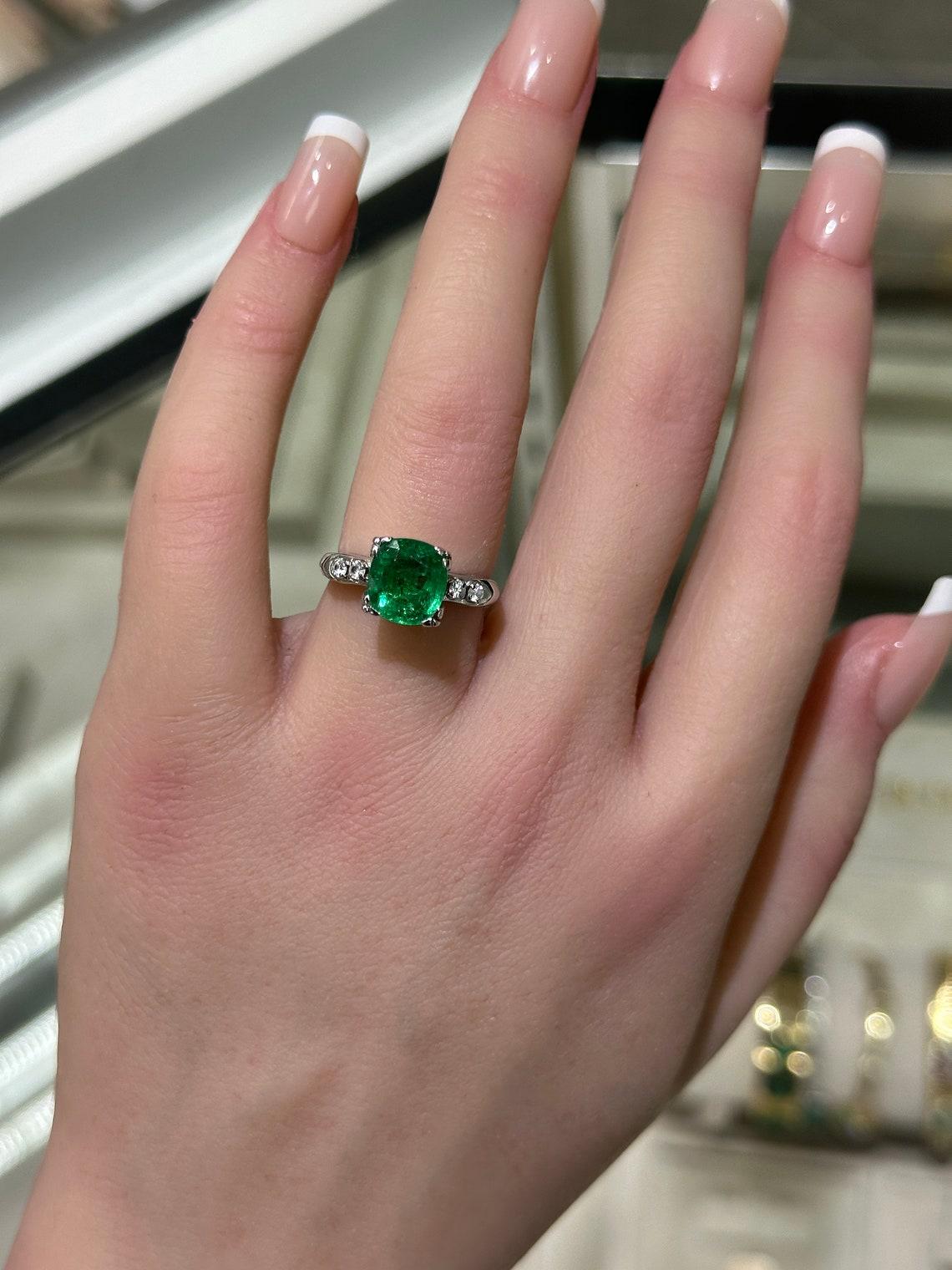 Art Deco 2.40tcw 14K Cushion Emerald & Diamond 5 Stone Ring High-Quality Engagement Ring For Sale