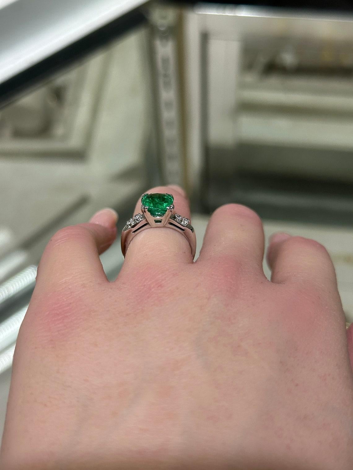 2.40tcw 14K Cushion Emerald & Diamond 5 Stone Ring High-Quality Engagement Ring In New Condition For Sale In Jupiter, FL