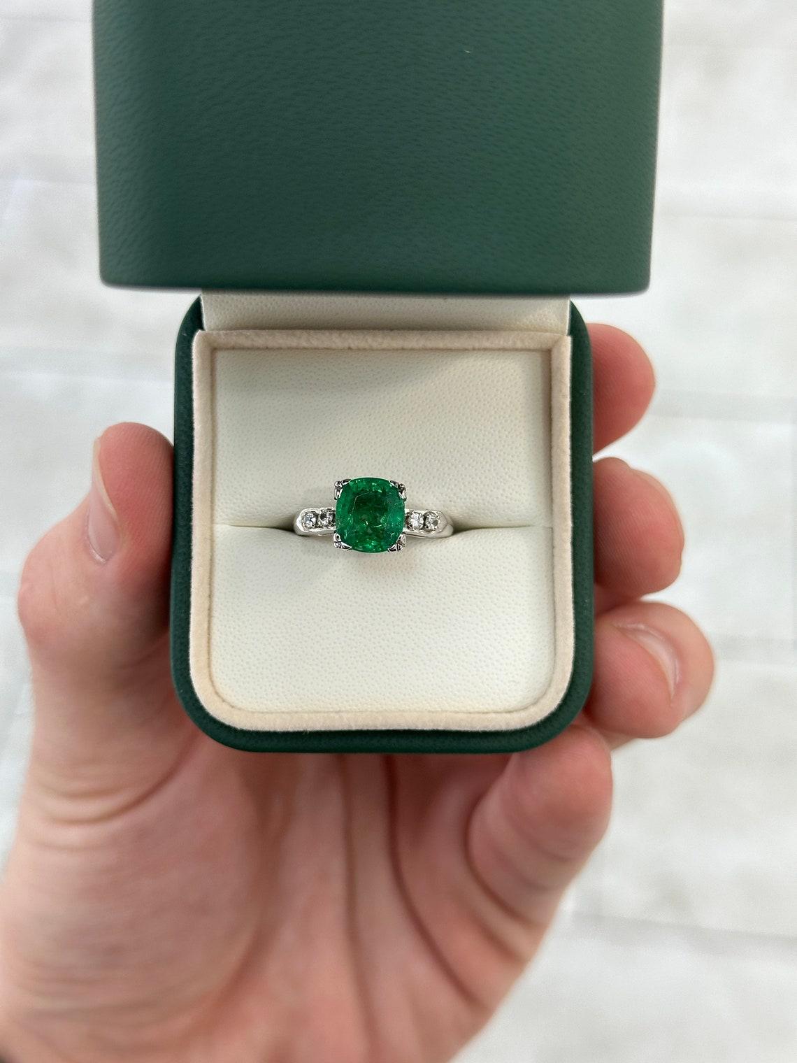 Women's or Men's 2.40tcw 14K Cushion Emerald & Diamond 5 Stone Ring High-Quality Engagement Ring For Sale