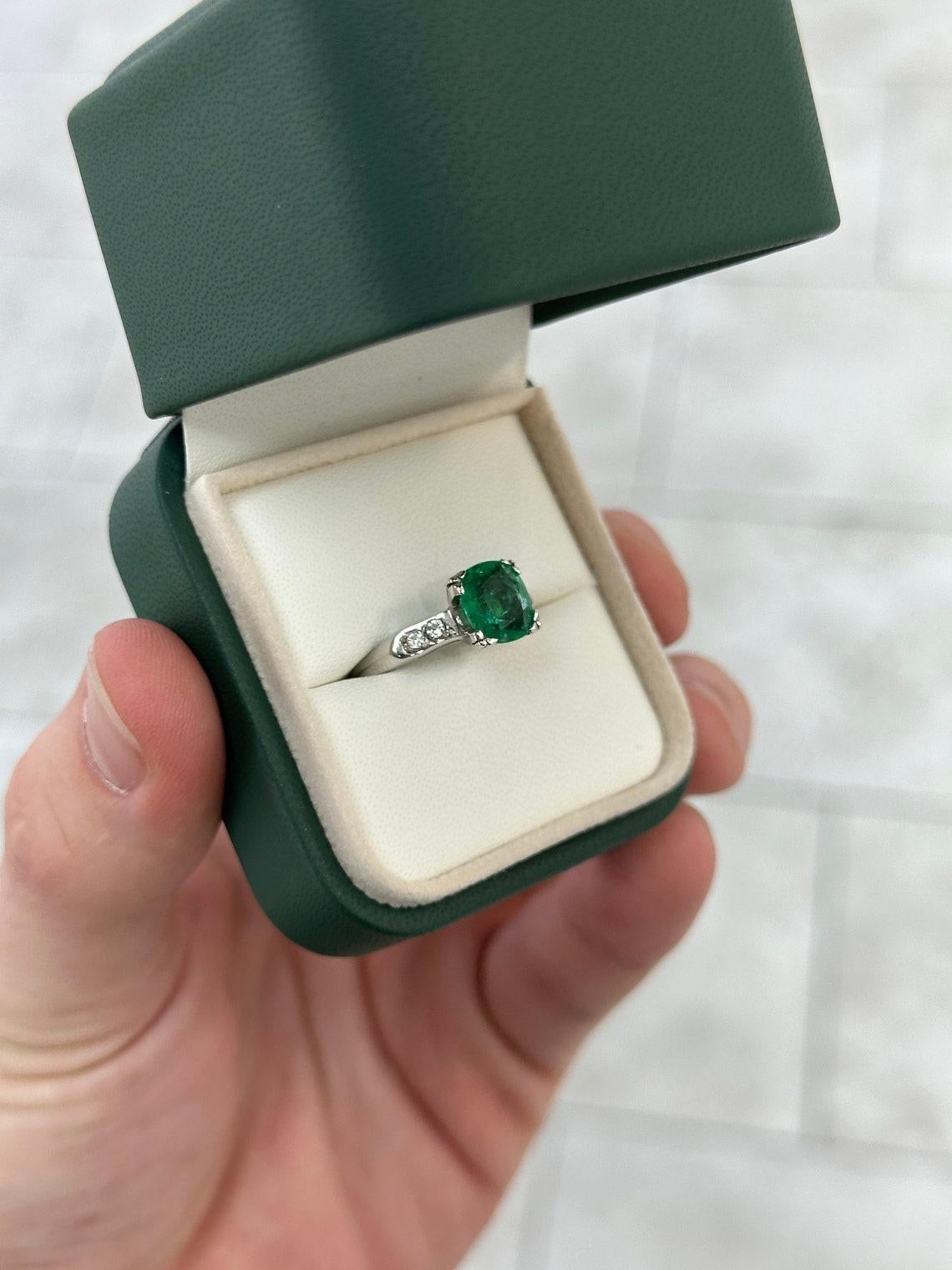 2.40tcw 14K Cushion Emerald & Diamond 5 Stone Ring High-Quality Engagement Ring For Sale 2