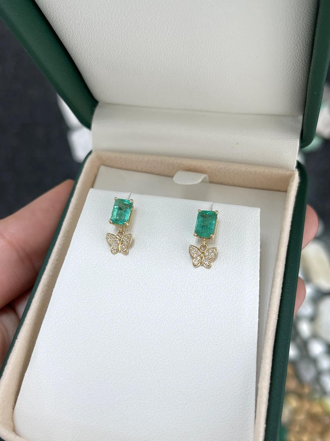 2.40tcw 14K Natural Emerald Cut Emerald & Diamond Butterfly Dangle Gold Earrings In New Condition For Sale In Jupiter, FL