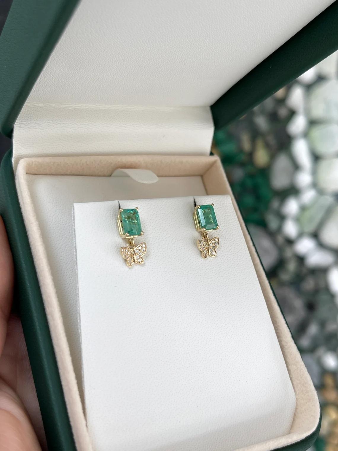 Women's 2.40tcw 14K Natural Emerald Cut Emerald & Diamond Butterfly Dangle Gold Earrings For Sale