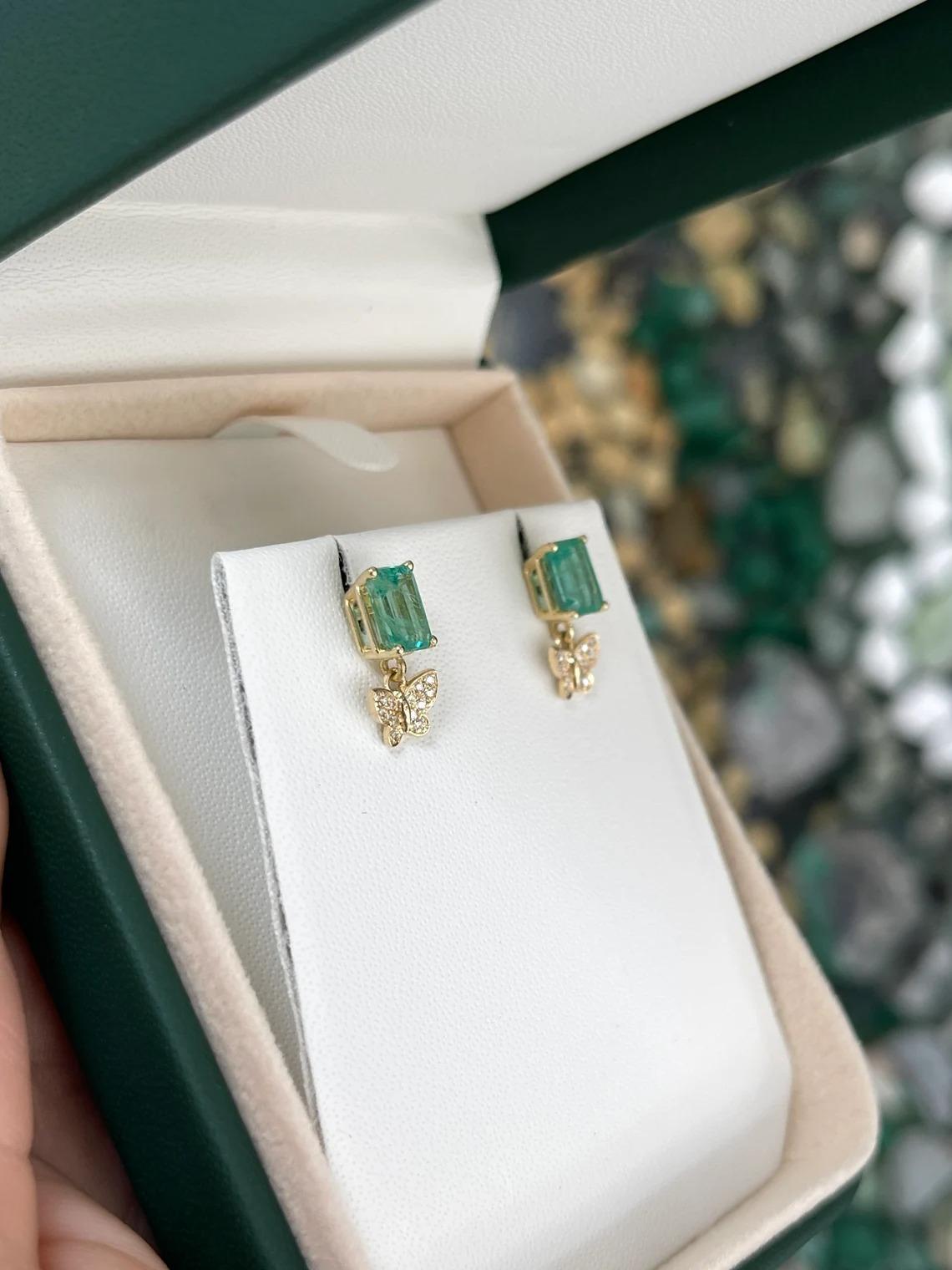 2.40tcw 14K Natural Emerald Cut Emerald & Diamond Butterfly Dangle Gold Earrings For Sale 1