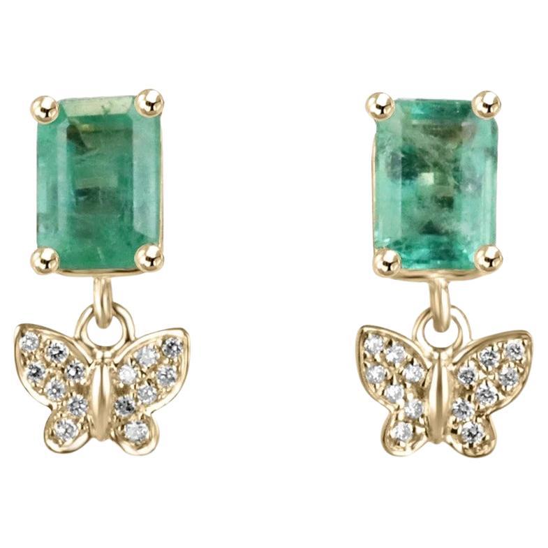 2.40tcw 14K Natural Emerald Cut Emerald & Diamond Butterfly Dangle Gold Earrings