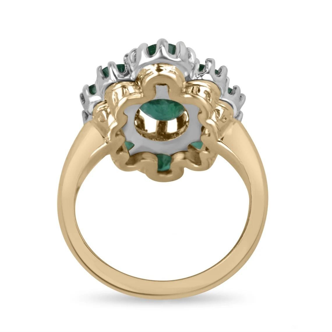 A ravishing, statement multi-emerald statement ring. This piece showcases a stunning 1.50-carat, natural oval emerald right in the center. Numerous, natural, earth-mined round emeralds accent in graduating sizes. The emeralds differ ever so slightly