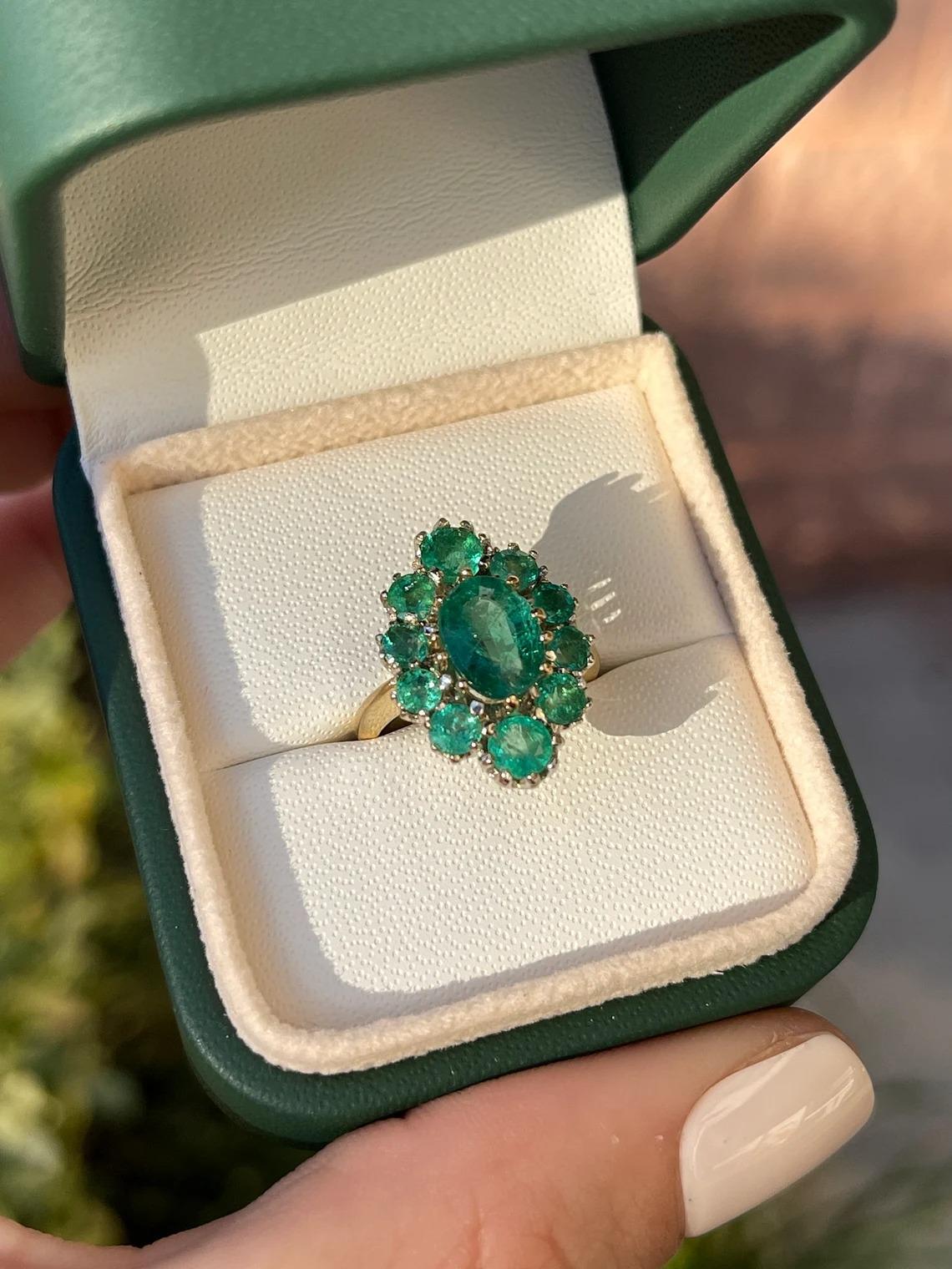 2.40tcw 18K Lush Green Oval Emerald & Round Emerald Halo Art Deco Two Toned Ring In New Condition For Sale In Jupiter, FL