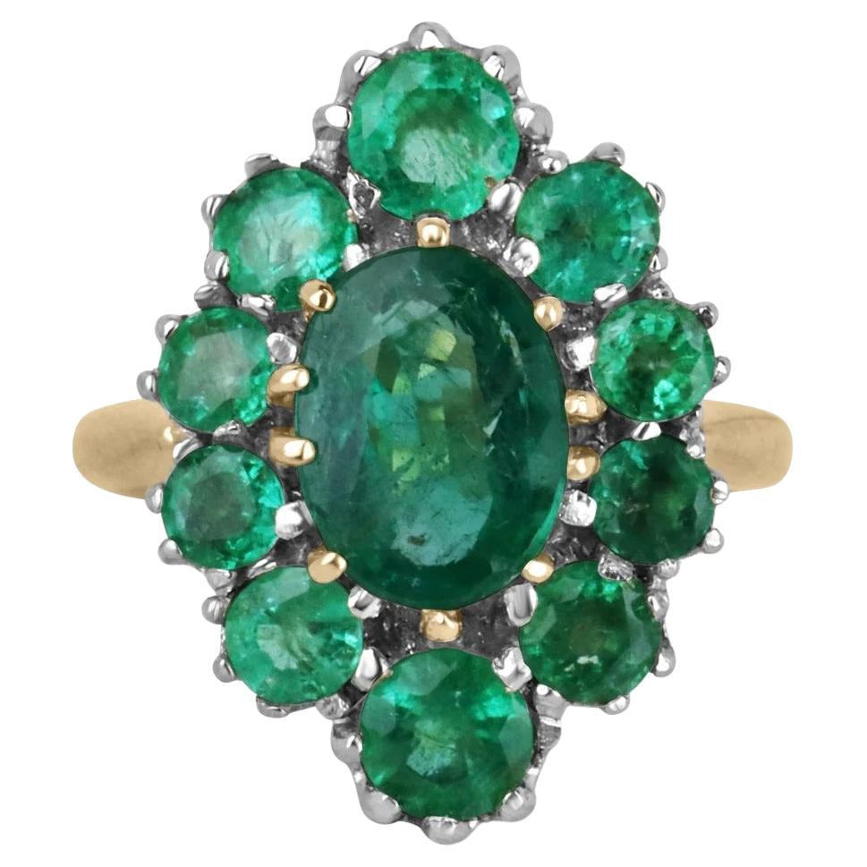 2.40tcw 18K Lush Green Oval Emerald & Round Emerald Halo Art Deco Two Toned Ring For Sale
