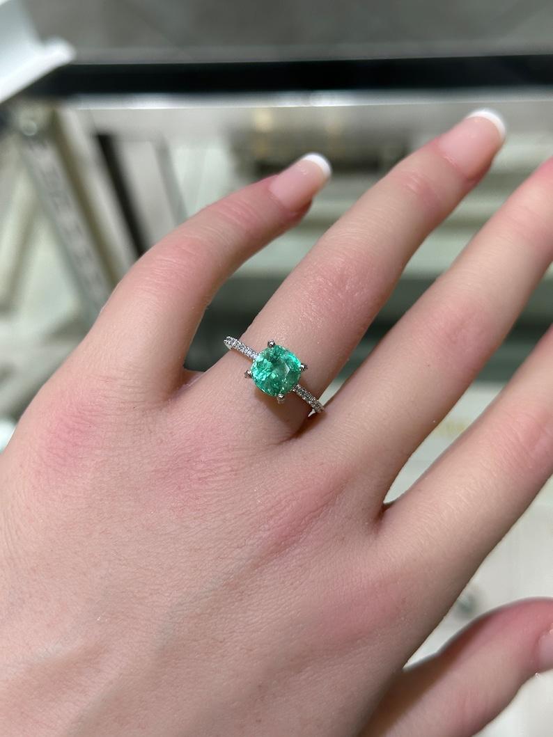 Contemporary 2.40tcw Cushion Cut Colombian Emerald & Diamond Engagement Ring in 14K Gold For Sale