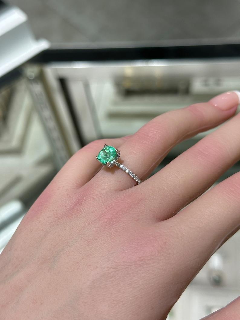 Women's 2.40tcw Cushion Cut Colombian Emerald & Diamond Engagement Ring in 14K Gold For Sale