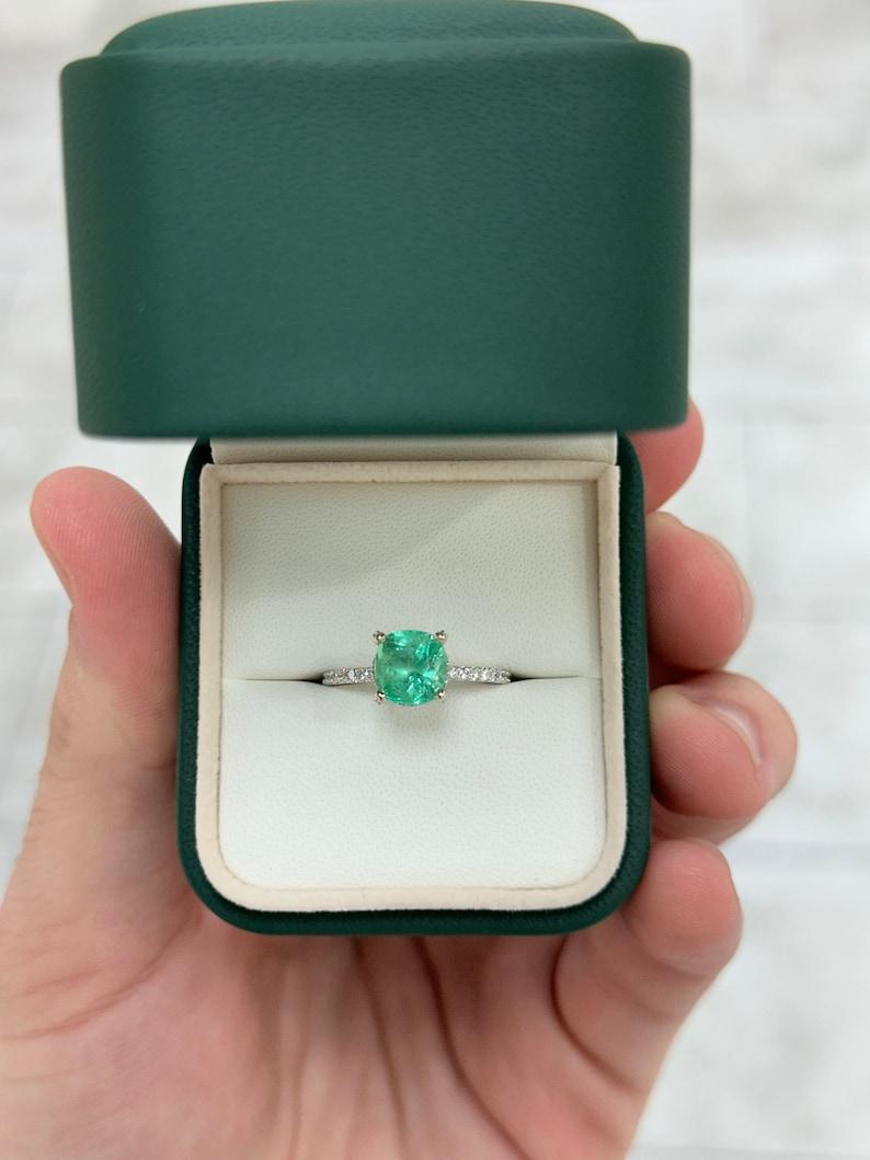 2.40tcw Cushion Cut Colombian Emerald & Diamond Engagement Ring in 14K Gold For Sale 1