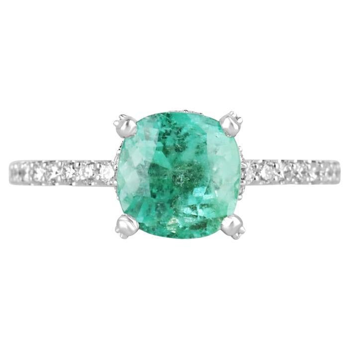 2.40tcw Cushion Cut Colombian Emerald & Diamond Engagement Ring in 14K Gold