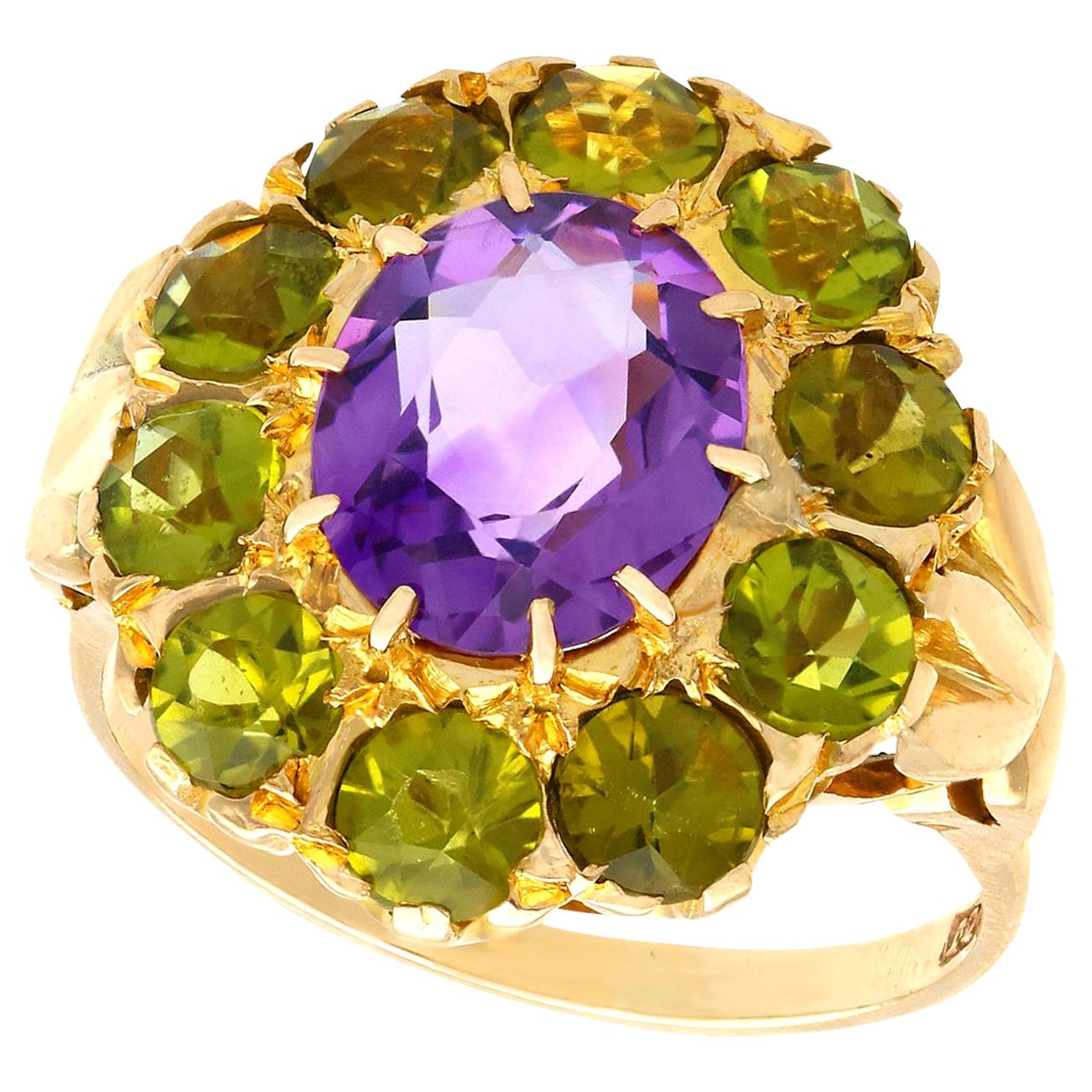 A stunning antique 2.41 carat amethyst and 2.56 carat peridot, 9 karat yellow gold cluster ring; part of our diverse antique jewelry and estate jewelry collections.

This stunning, fine and impressive antique Victorian Victorian amethyst and peridot