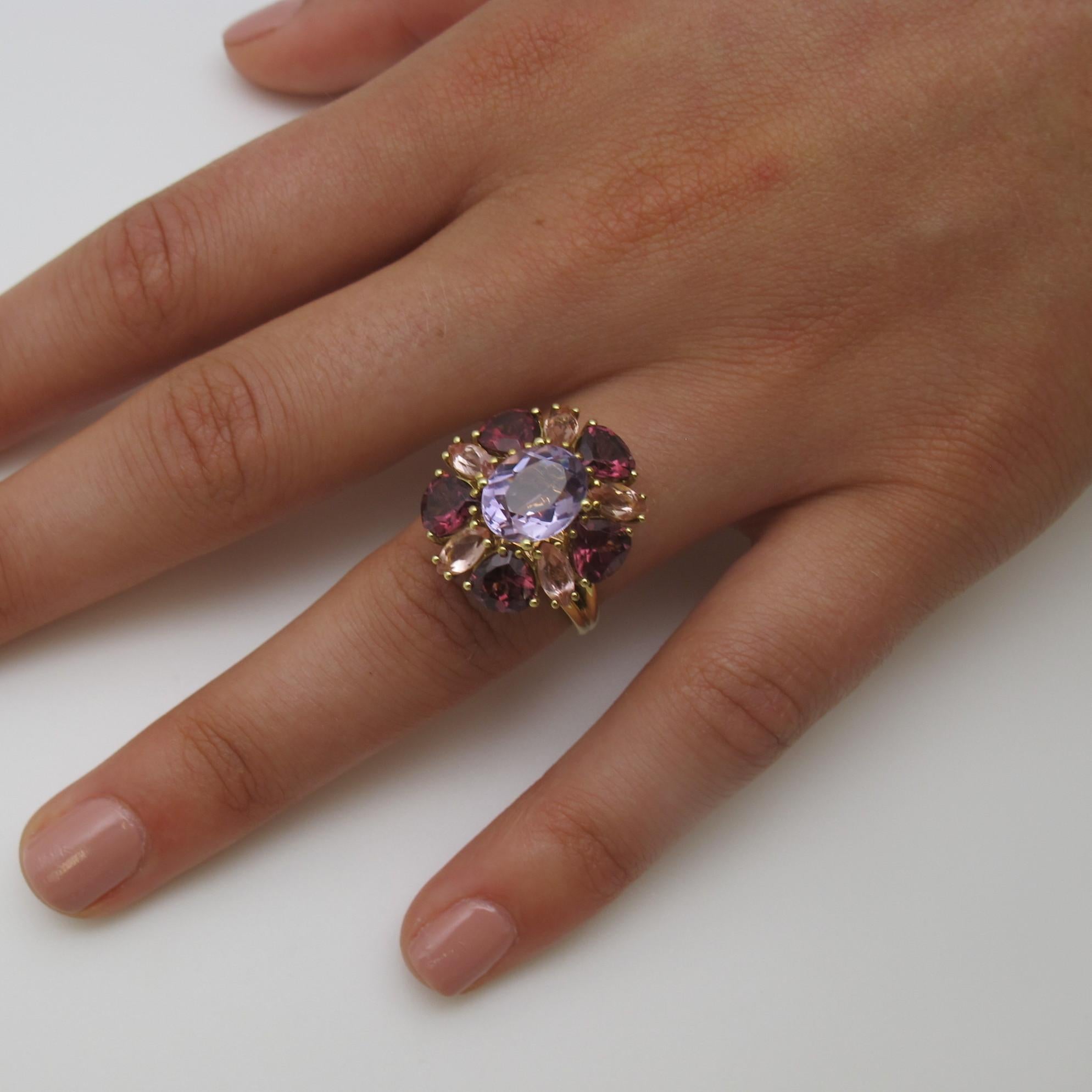 Artisan 2.41 Carat Amethyst with Garnet and Topaz 18 Karat Yellow Gold Ring