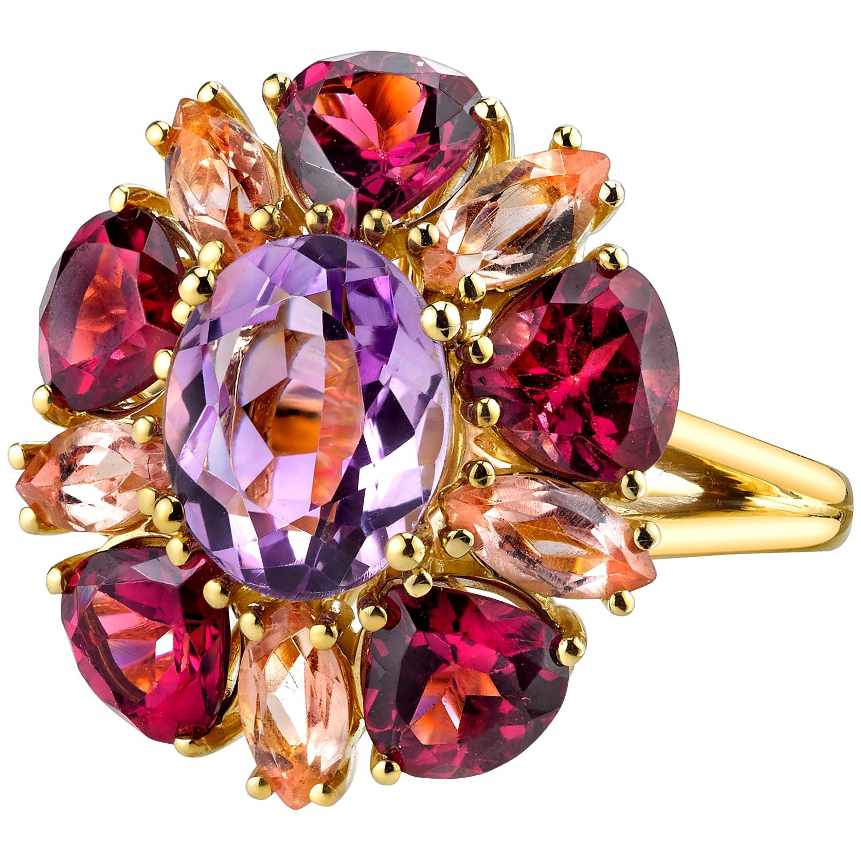 2.41 Carat Rose de France Amethyst, Garnet & Topaz, Yellow Gold Cocktail Ring