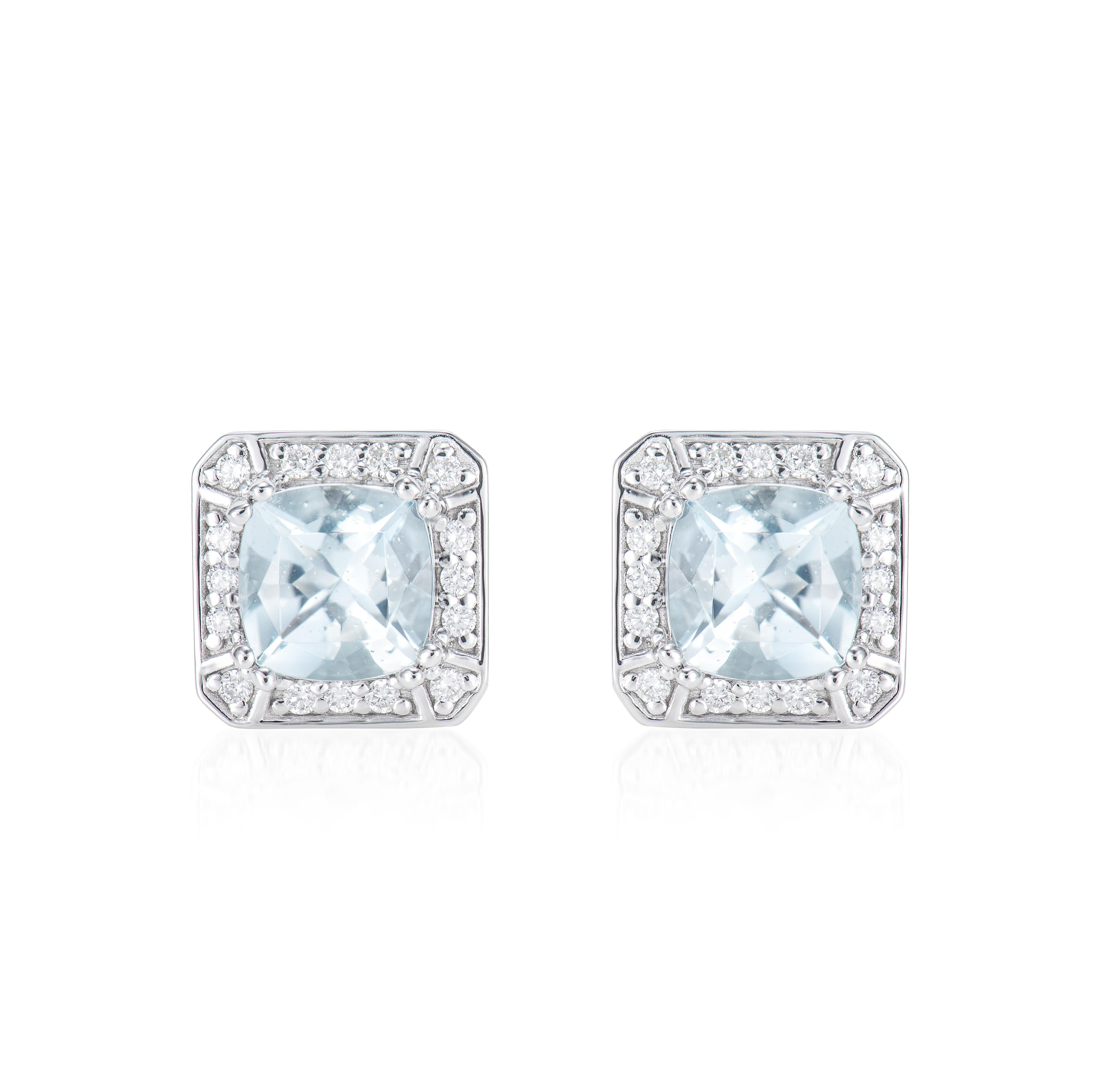 Contemporary 2.41 Carat Aquamarine Stud Earrings in 18 Karat White Gold with White Diamond For Sale