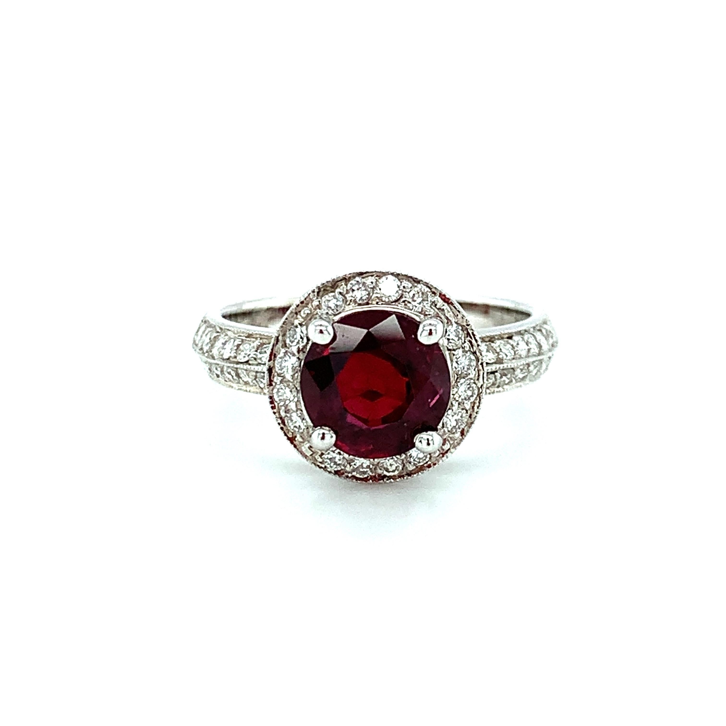 Artisan GIA Certified Ruby and Diamond Halo Engagement Ring, 2.41 Carats in White Gold For Sale