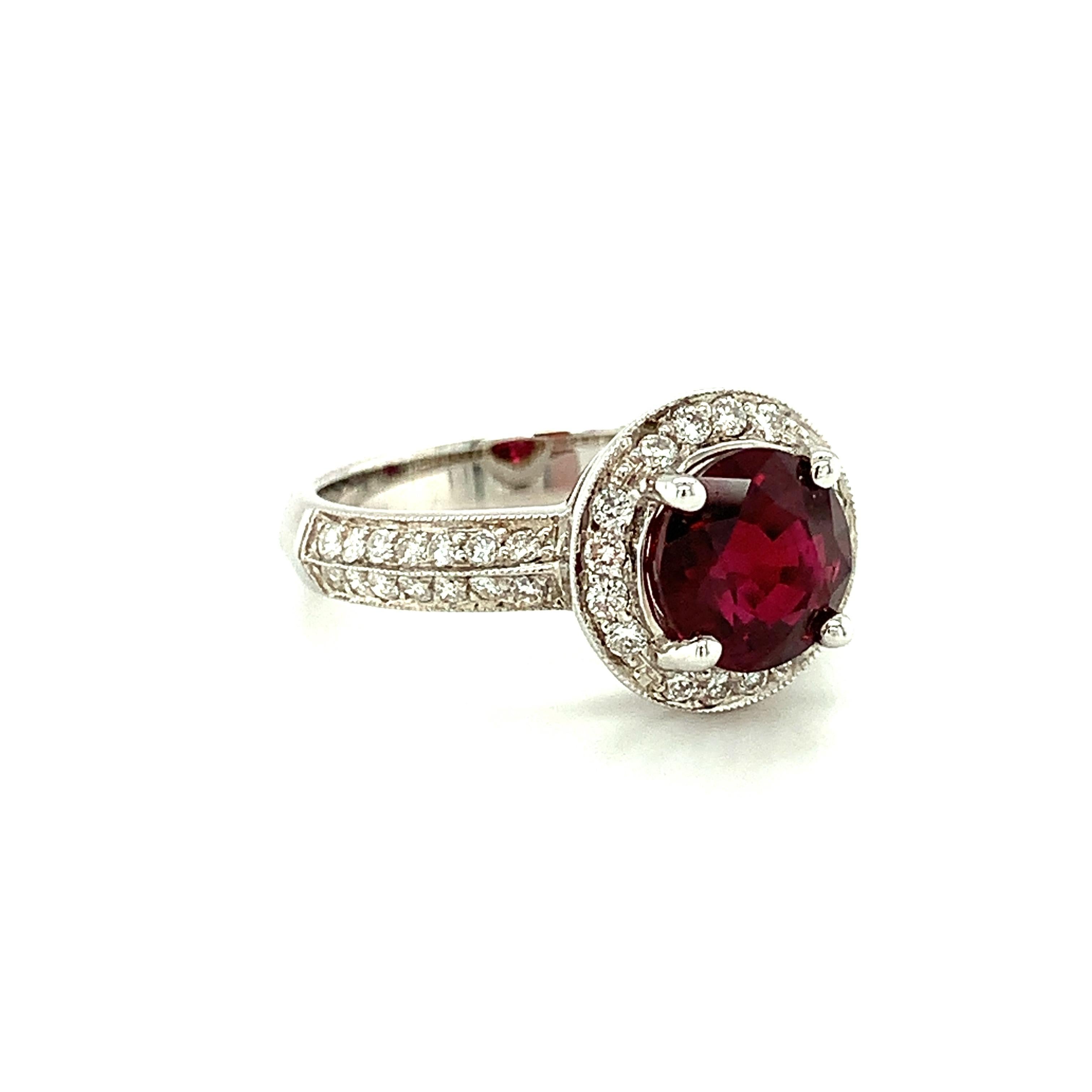 GIA Certified Ruby and Diamond Halo Engagement Ring, 2.41 Carats in White Gold In New Condition For Sale In Los Angeles, CA