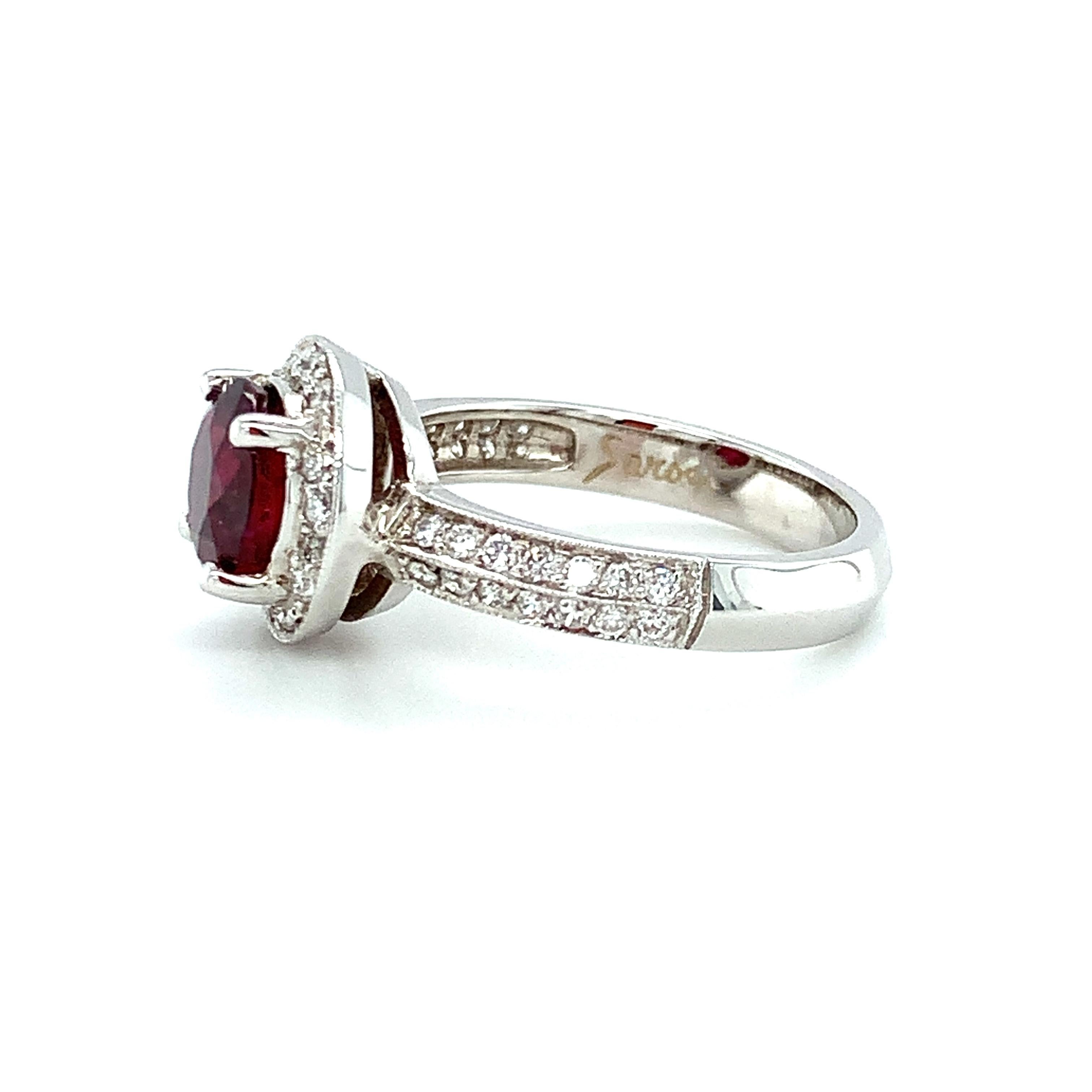 GIA Certified Ruby and Diamond Halo Engagement Ring, 2.41 Carats in White Gold For Sale 3