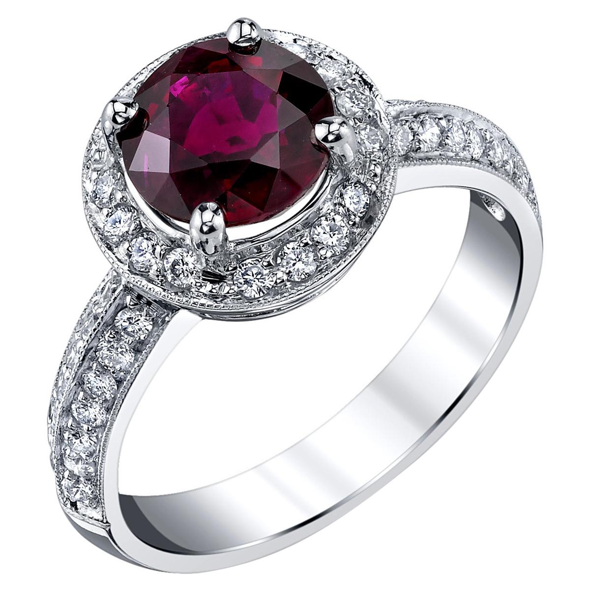 GIA Certified Ruby and Diamond Halo Engagement Ring, 2.41 Carats in White Gold For Sale
