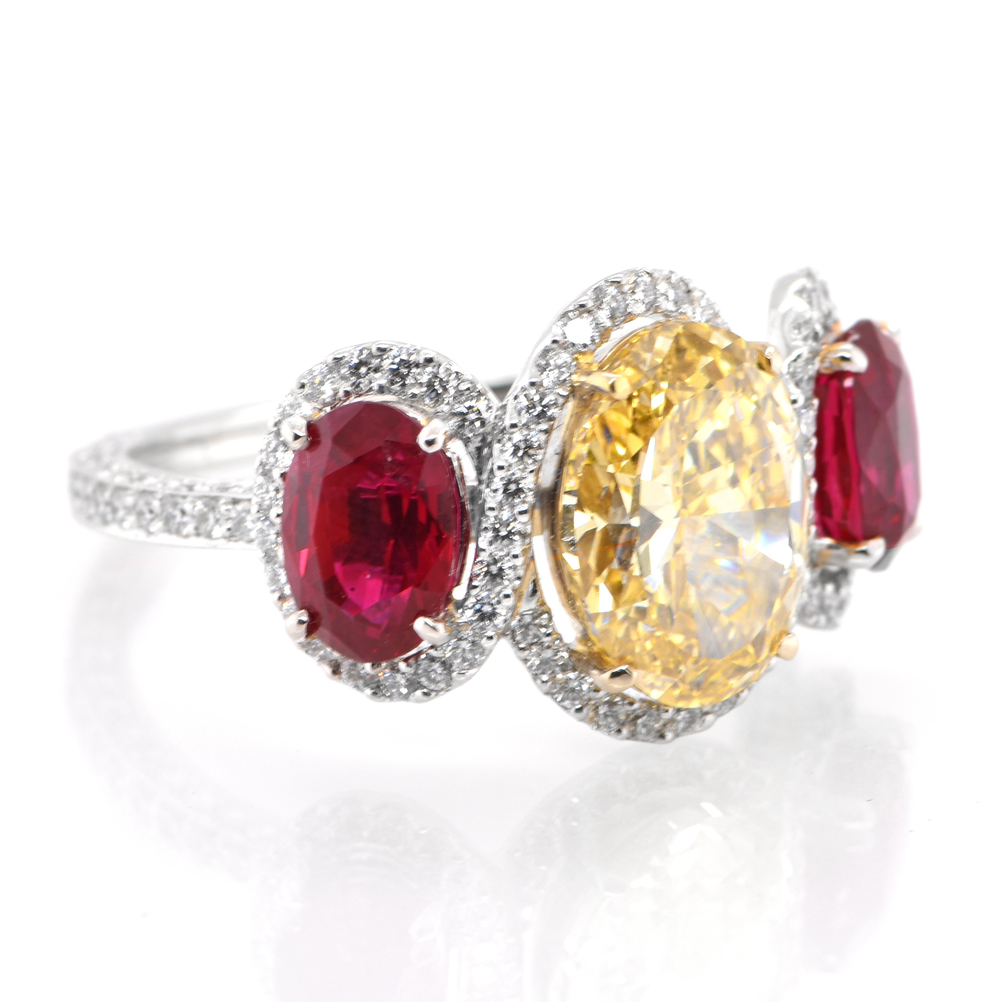 Modern 2.41 Carat Natural Fancy Brownish Yellow Diamond and Ruby Ring Set in Platinum