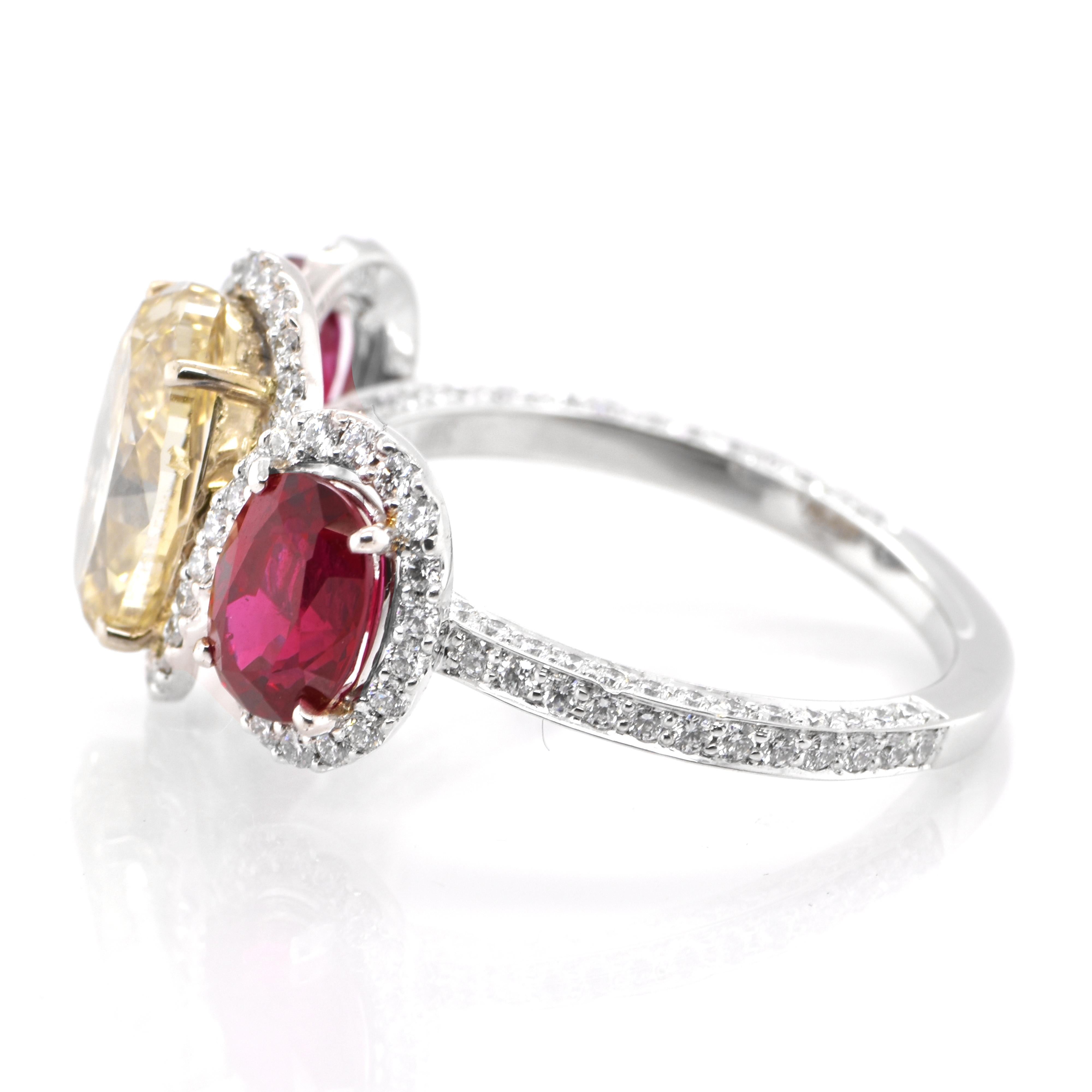 Oval Cut 2.41 Carat Natural Fancy Brownish Yellow Diamond and Ruby Ring Set in Platinum