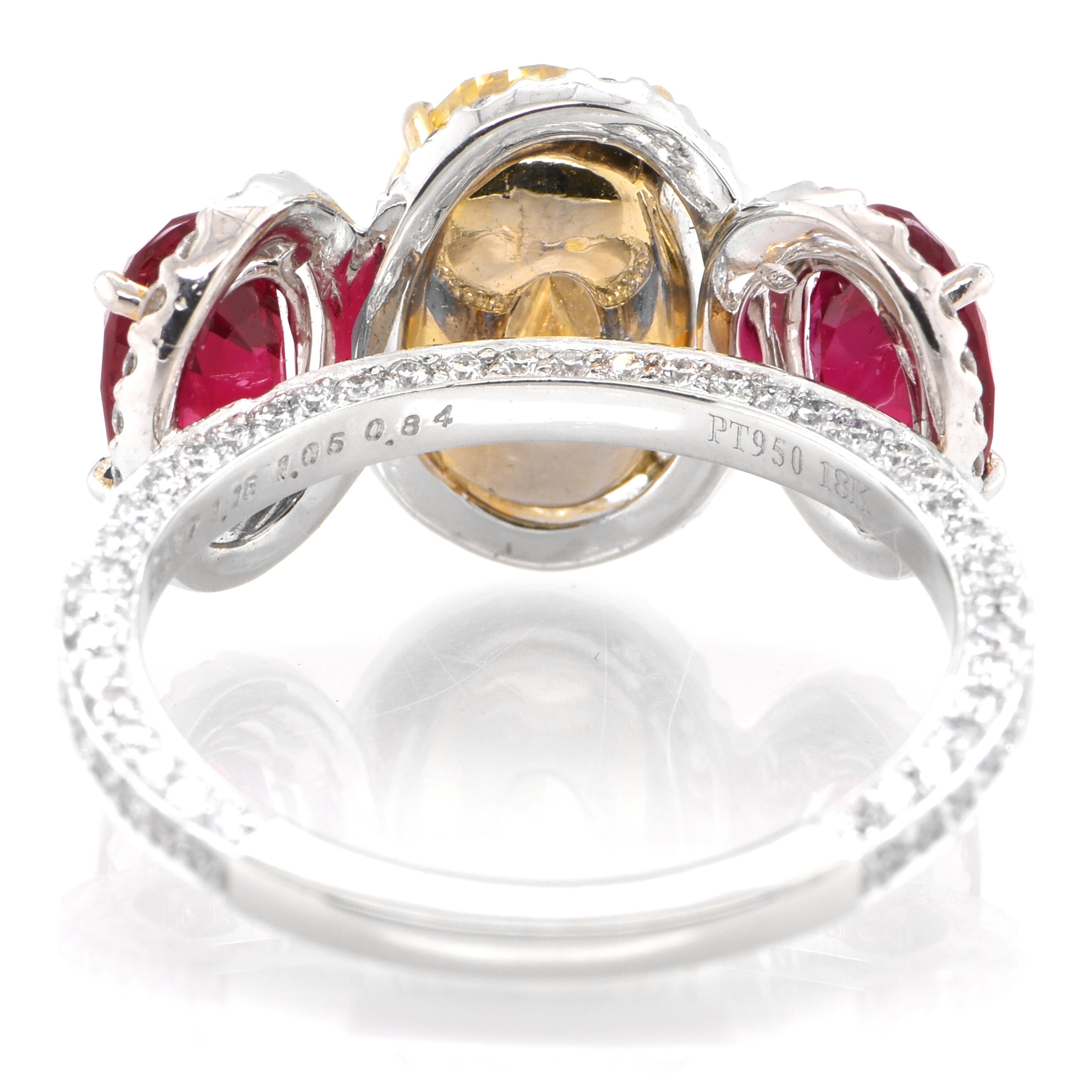 Women's 2.41 Carat Natural Fancy Brownish Yellow Diamond and Ruby Ring Set in Platinum