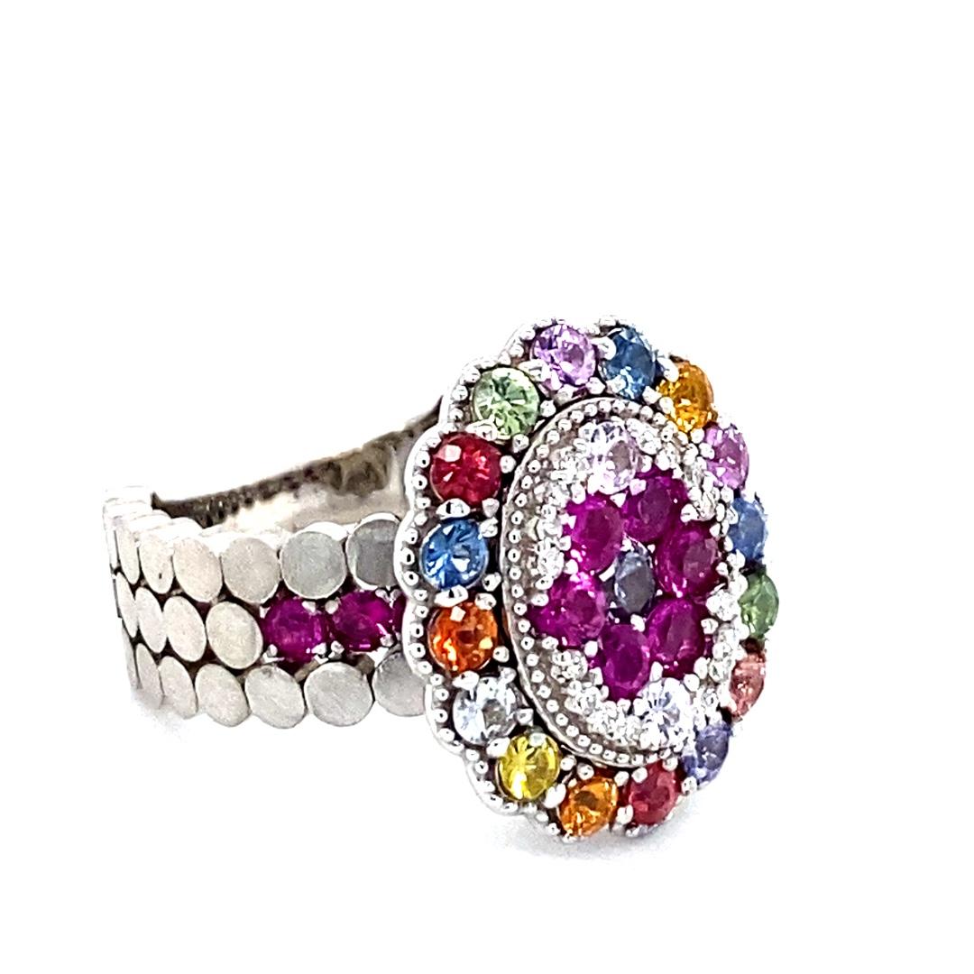 Contemporary 2.41 Carat Natural Multi Color Sapphire Diamond White Gold Cocktail Ring For Sale