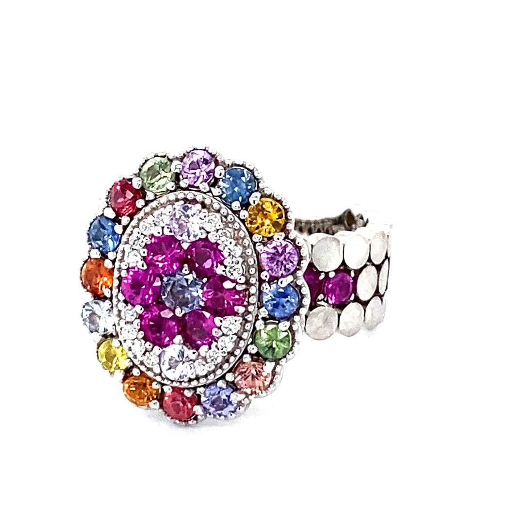 Round Cut 2.41 Carat Natural Multi Color Sapphire Diamond White Gold Cocktail Ring For Sale