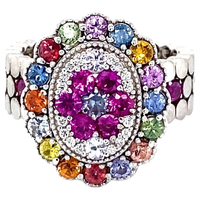 2.41 Carat Natural Multi Color Sapphire Diamond White Gold Cocktail Ring For Sale
