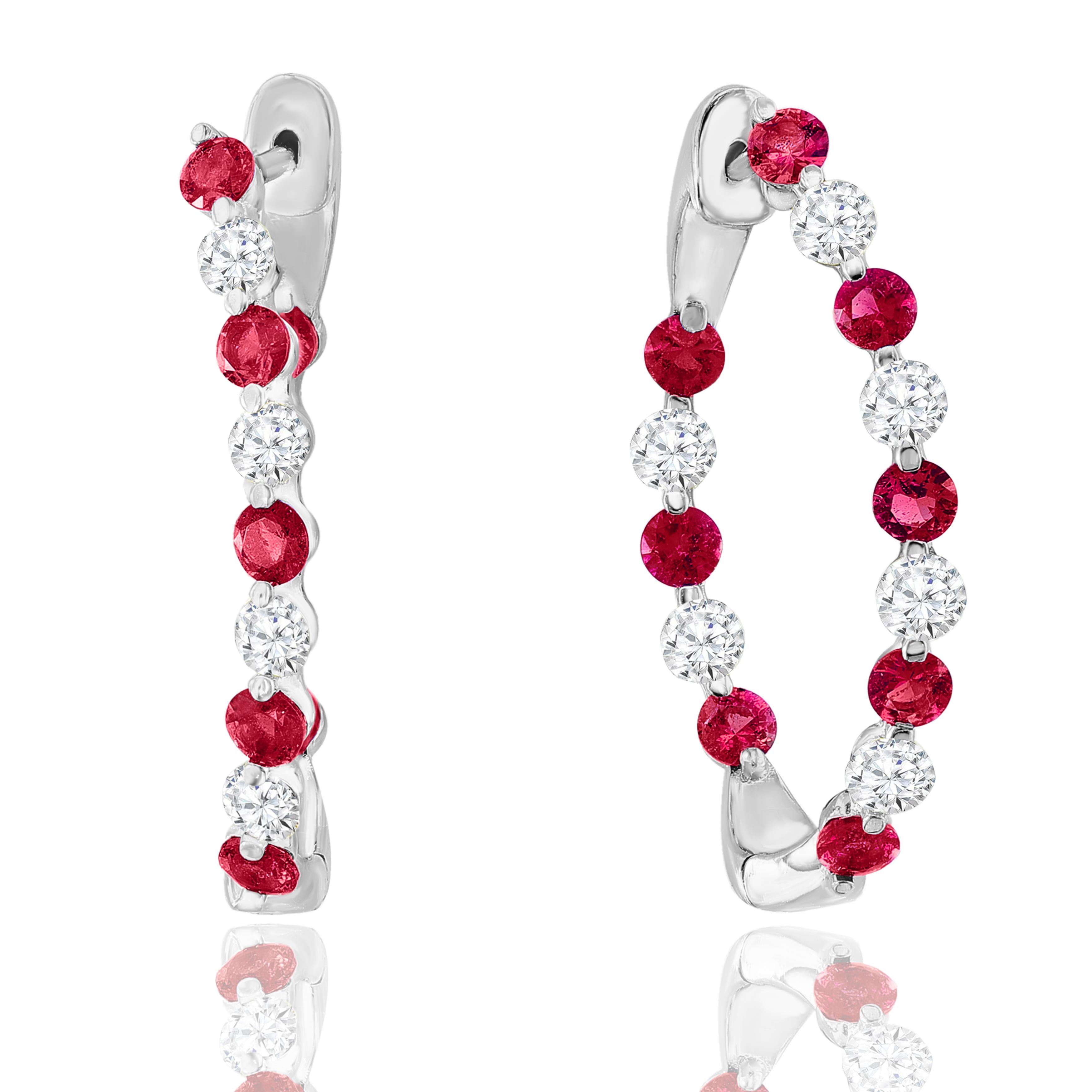 2.41 Carat Round Cut Ruby and Diamond Hoop Earrings in 14K White Gold In New Condition For Sale In NEW YORK, NY