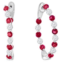 2.41 Carat Round Cut Ruby and Diamond Hoop Earrings in 14K White Gold
