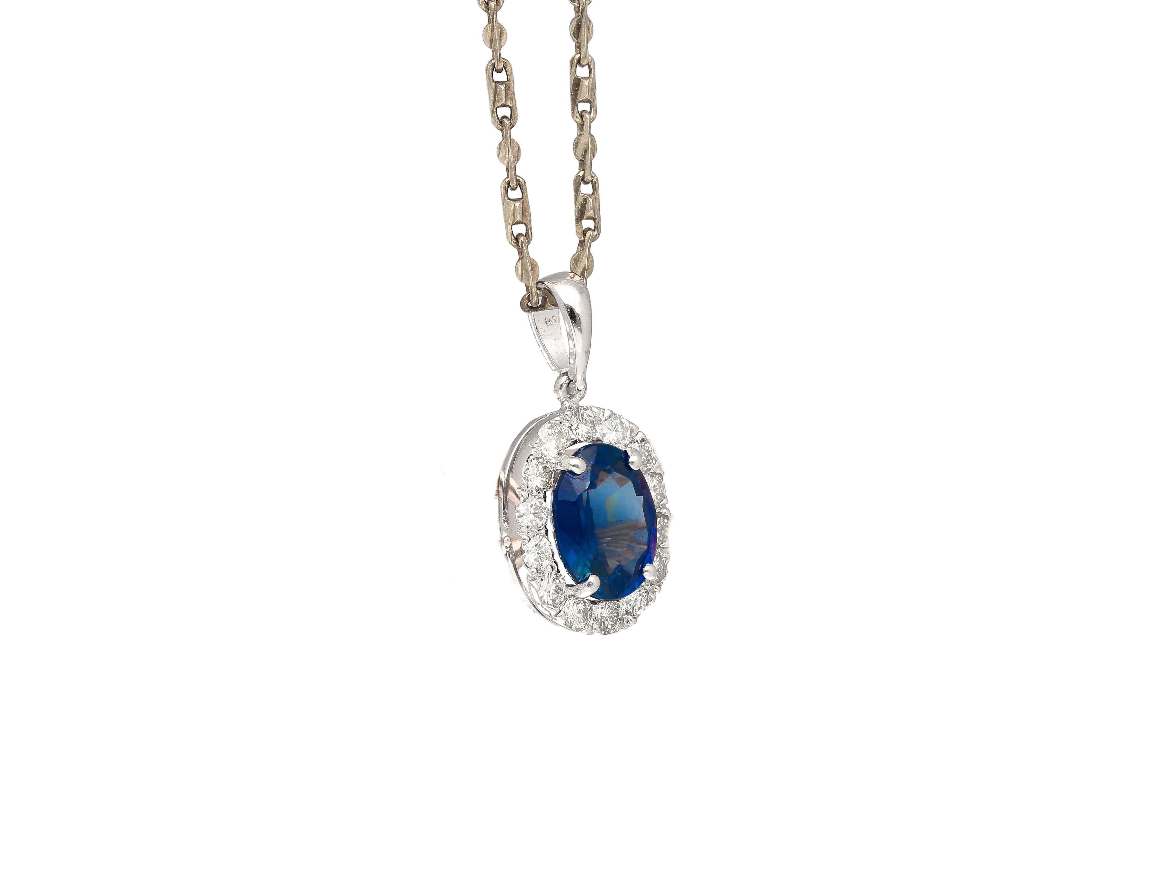 Modern 2.41 Carat Sapphire Diamond Halo 14K Gold Pendant Necklace For Sale