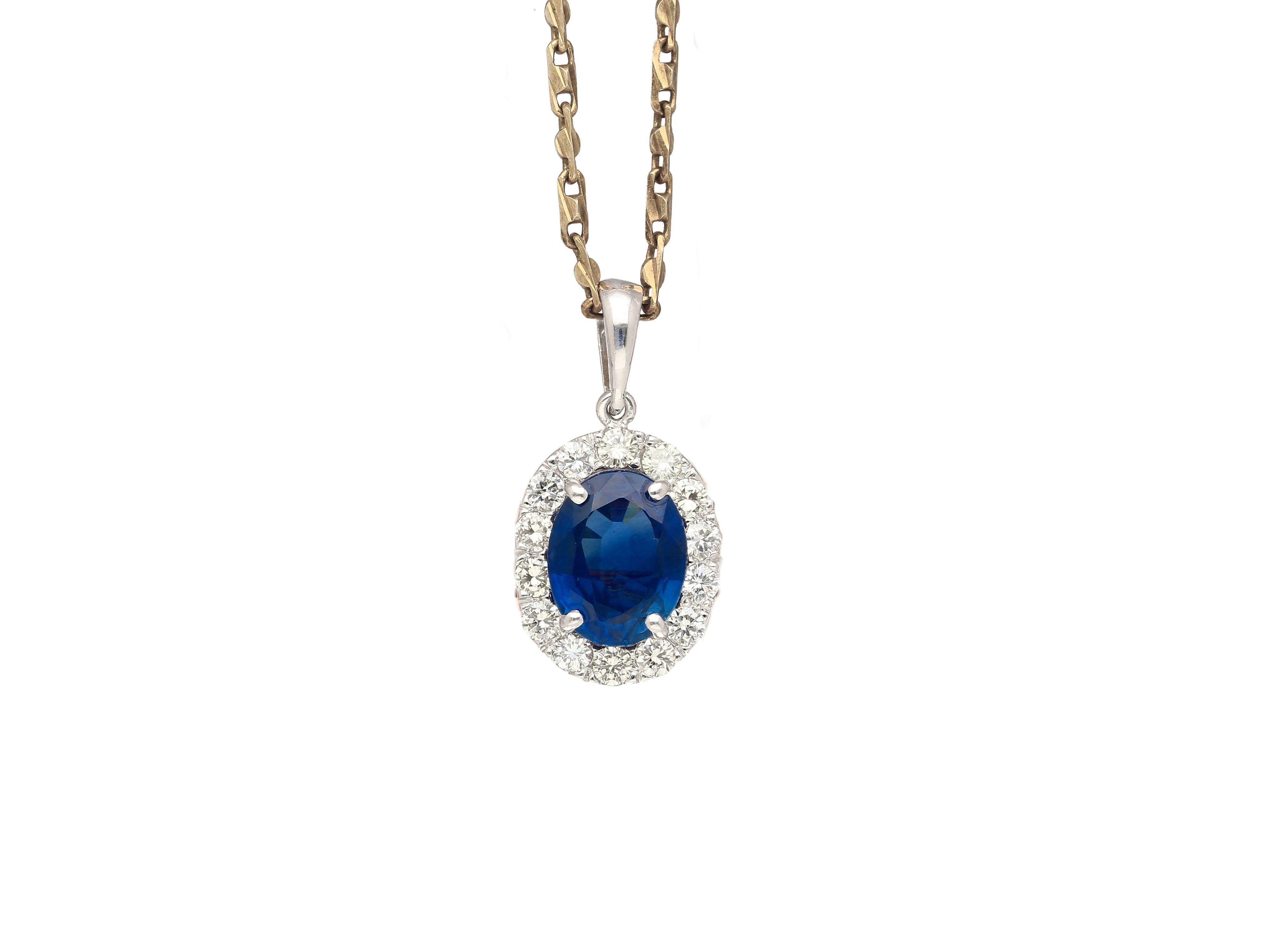 Oval Cut 2.41 Carat Sapphire Diamond Halo 14K Gold Pendant Necklace For Sale