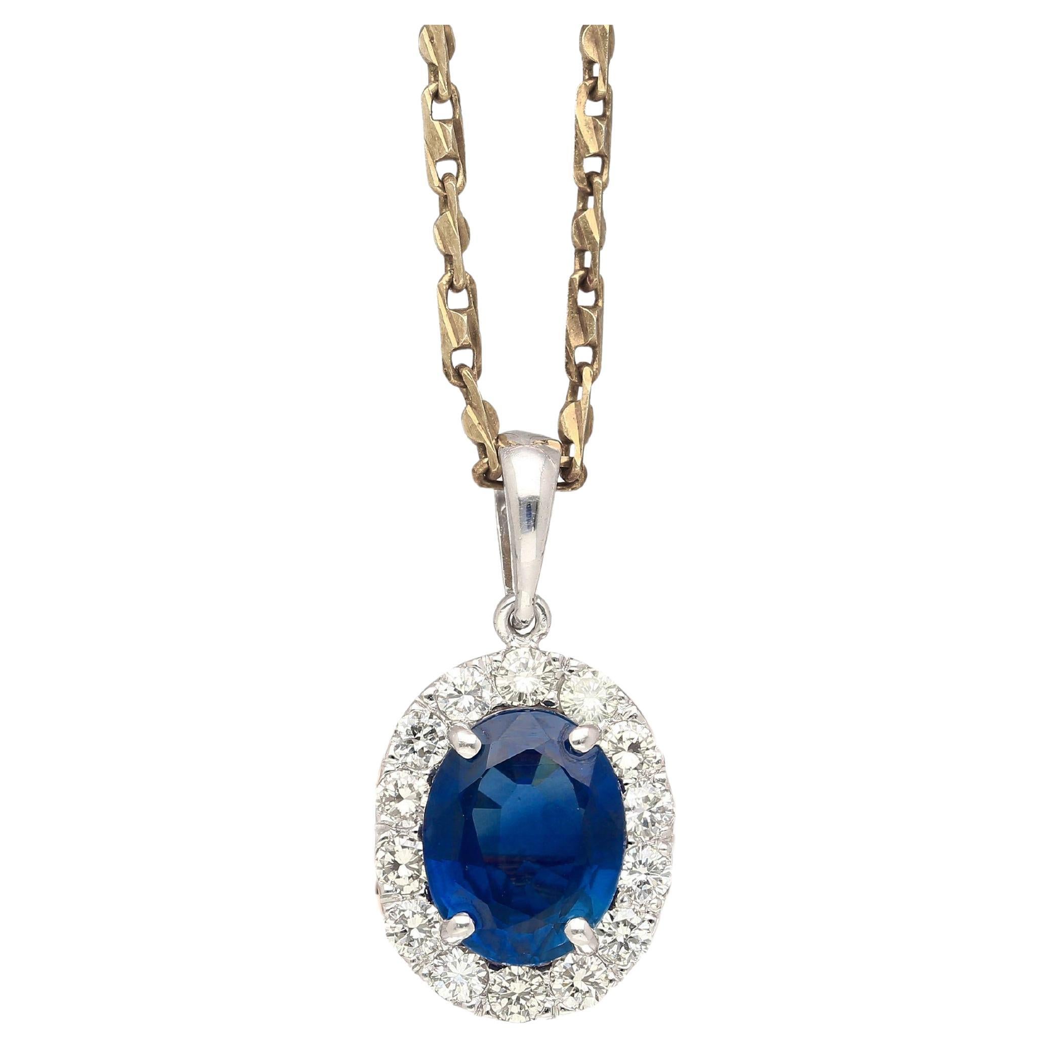 Collier pendentif en or 14 carats avec saphir de 2,41 carats et halo de diamants