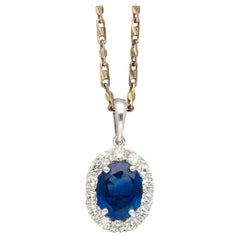 2.41 Carat Sapphire Diamond Halo 14K Gold Pendant Necklace