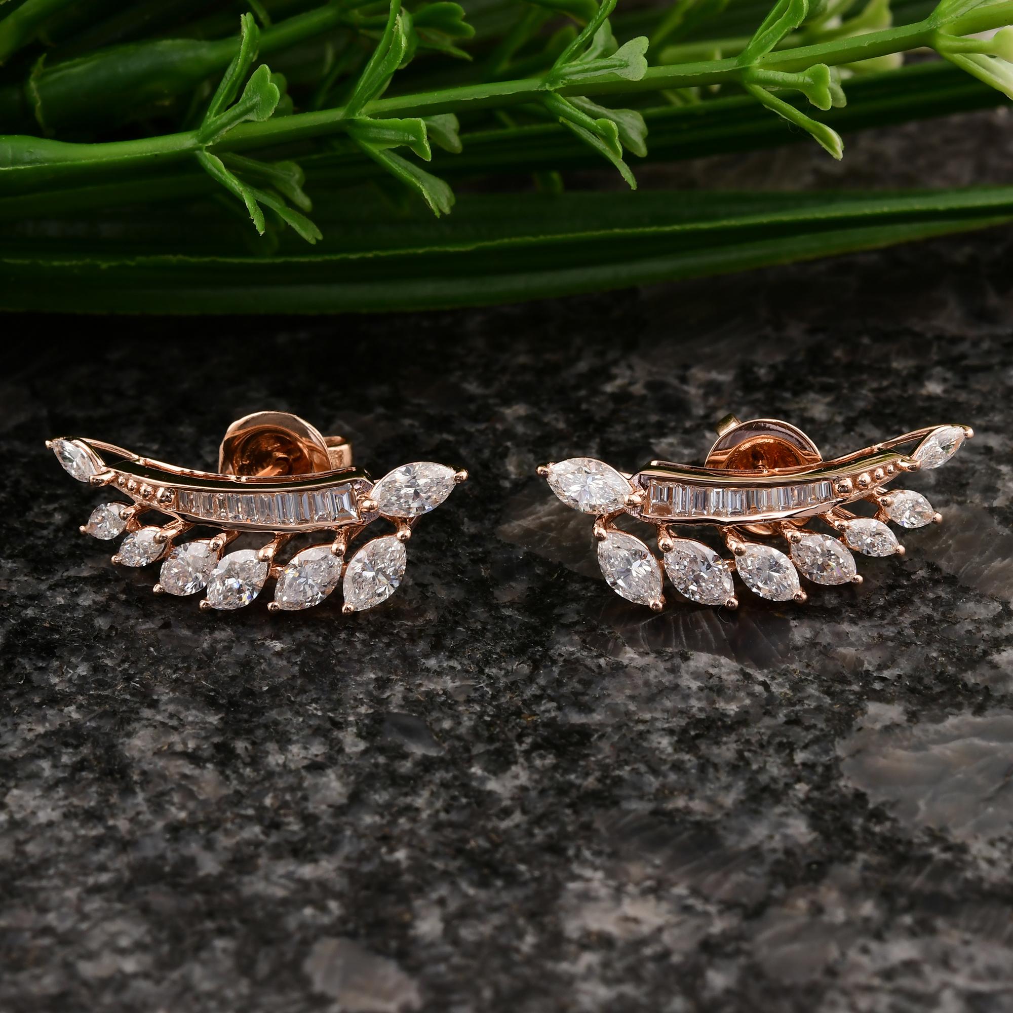 Modern 2.41 Carat SI/H Marquise Baguette Brilliant Diamond Earrings 18 Karat Rose Gold For Sale