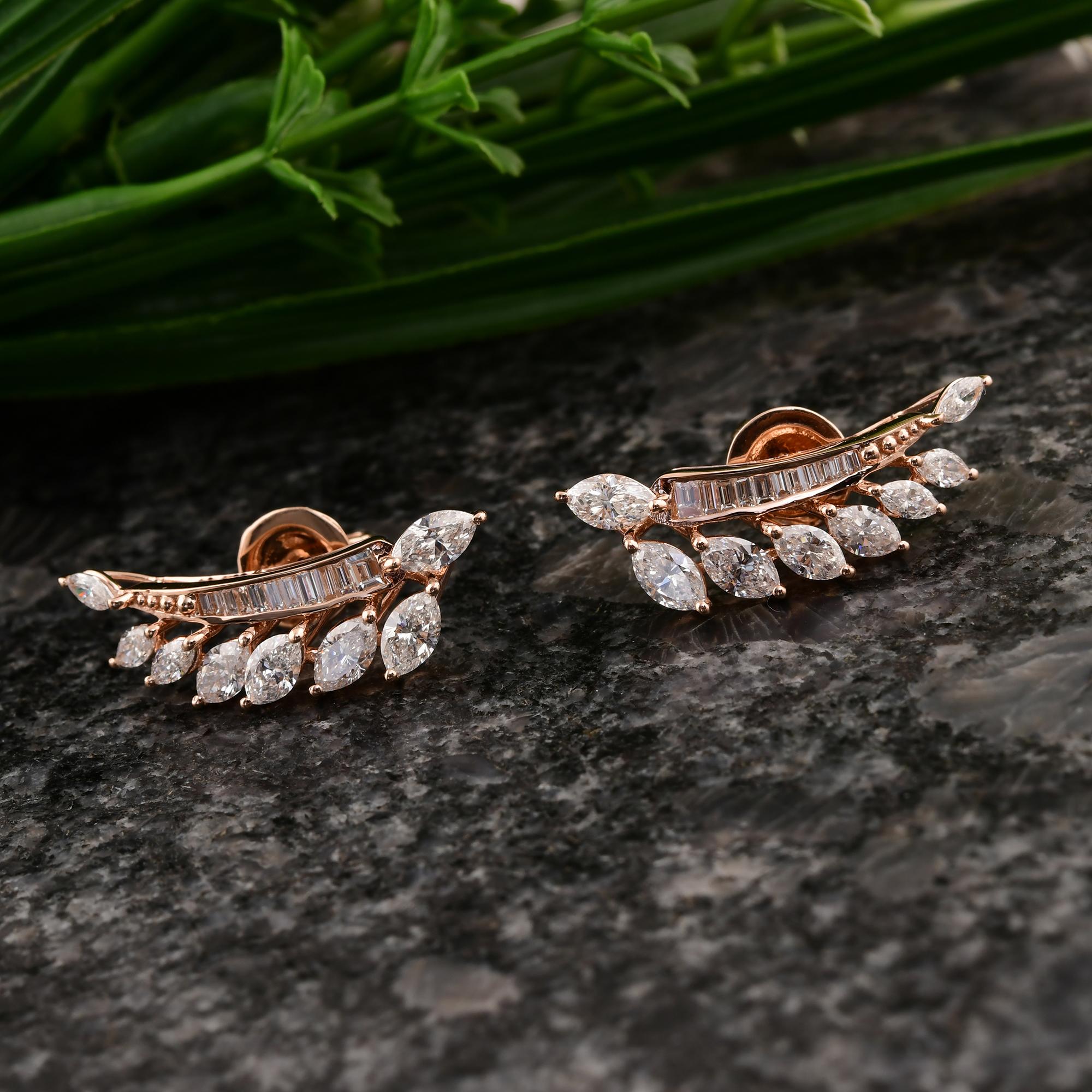 Baguette Cut 2.41 Carat SI/H Marquise Baguette Brilliant Diamond Earrings 18 Karat Rose Gold For Sale