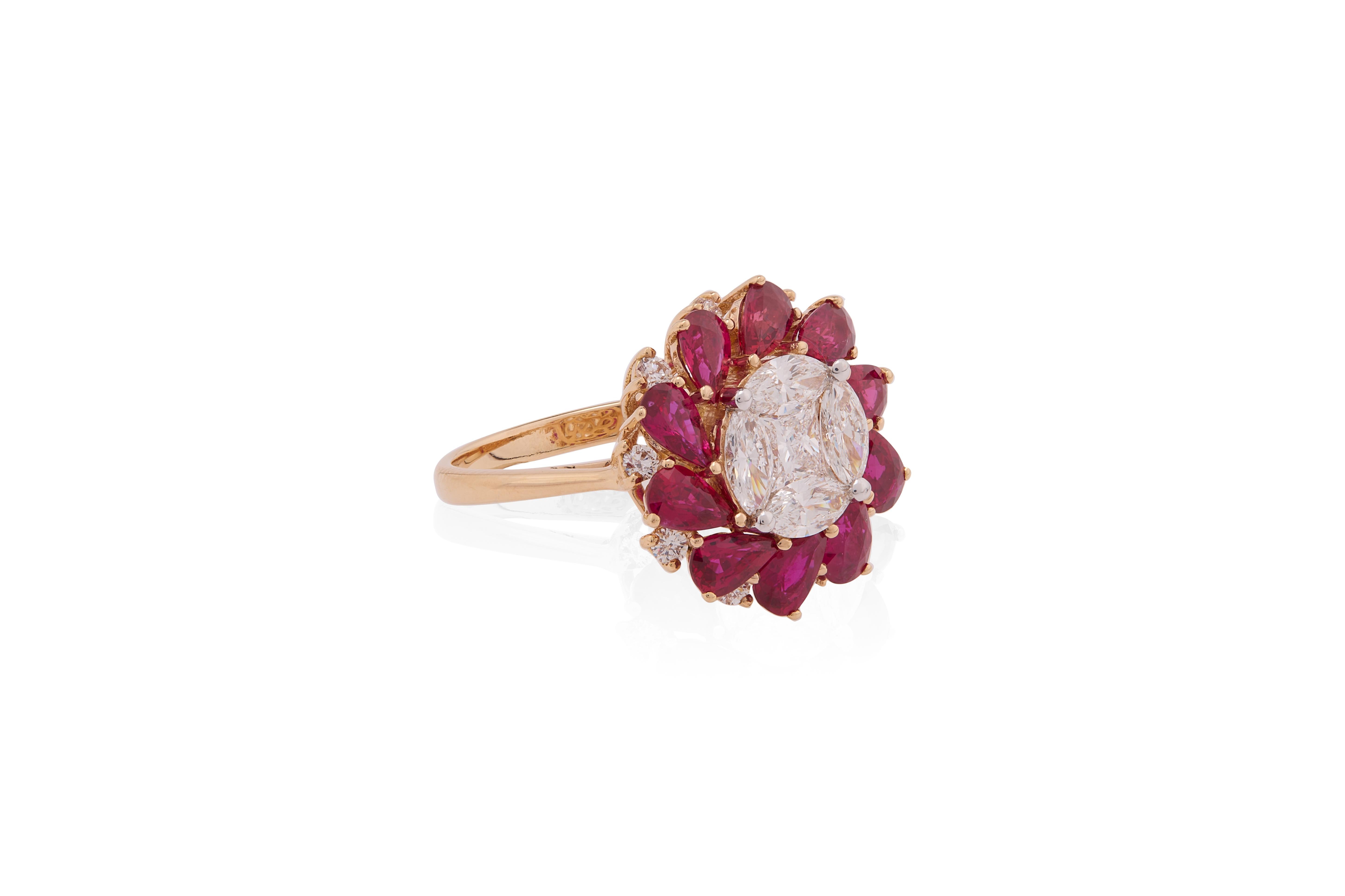 Pear Cut 2.41 carats of Pear shape rubies with marquise and Diamond Ring in 18 Karat Gold For Sale