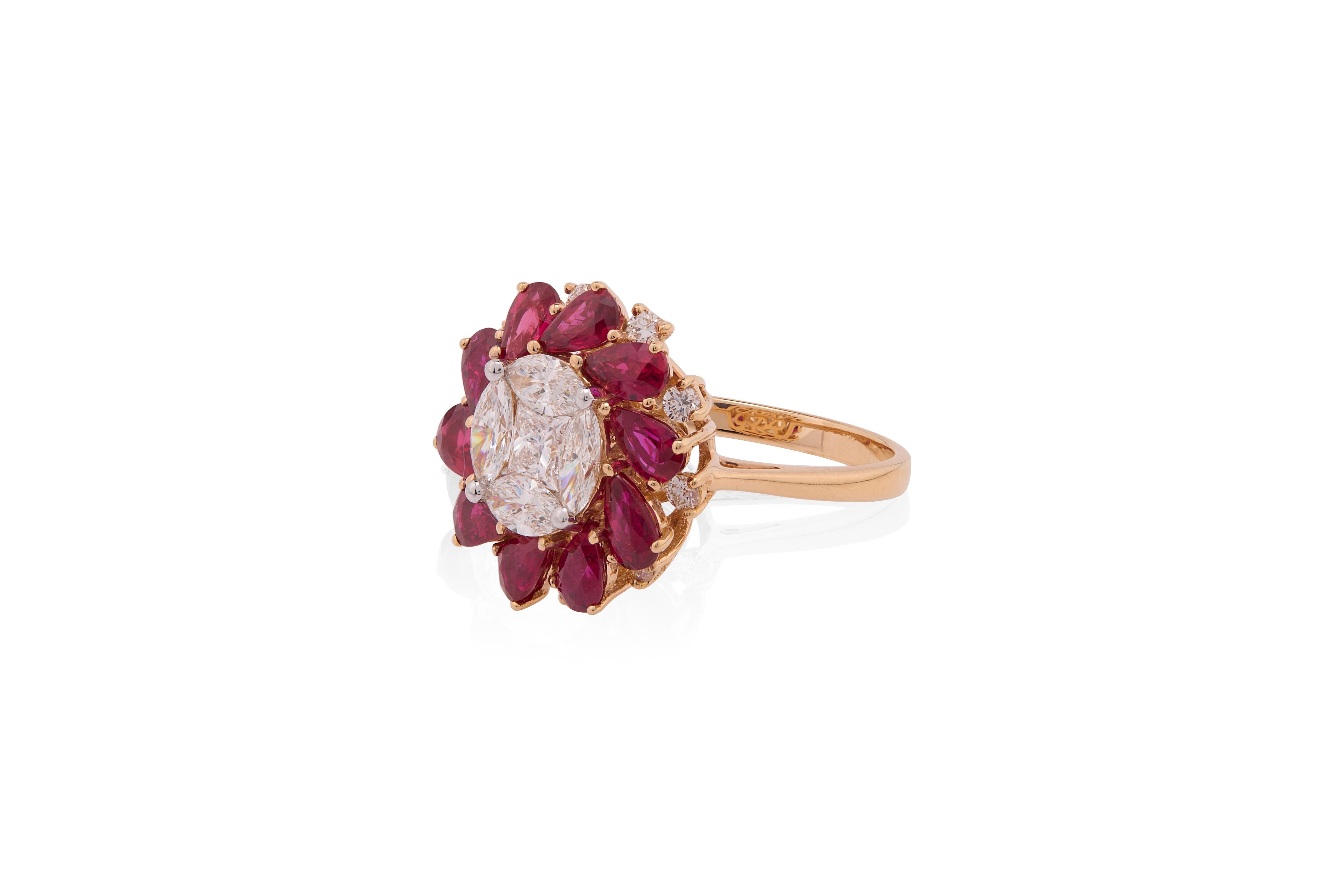 2.41 carats of Pear shape rubies with marquise and Diamond Ring in 18 Karat Gold In New Condition For Sale In Bangkok, 10