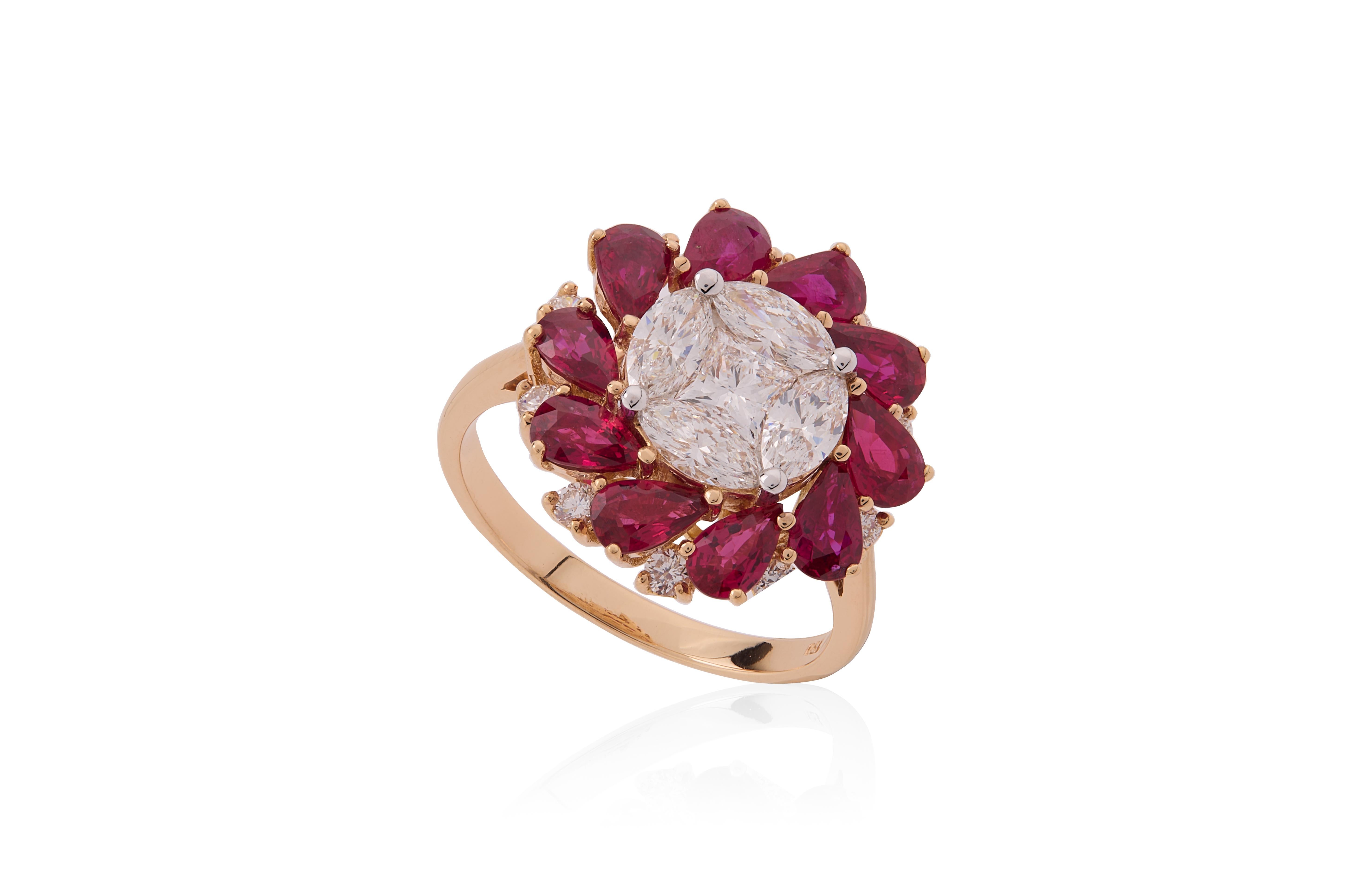 2.41 carats of Pear shape rubies with marquise and Diamond Ring in 18 Karat Gold For Sale 1