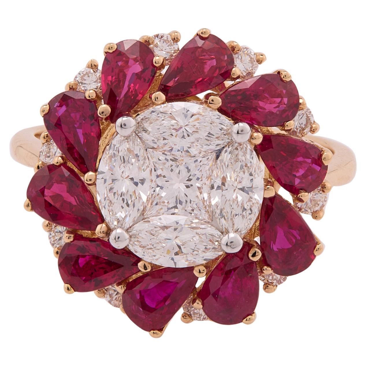 2.41 carats of Pear shape rubies with marquise and Diamond Ring in 18 Karat Gold For Sale