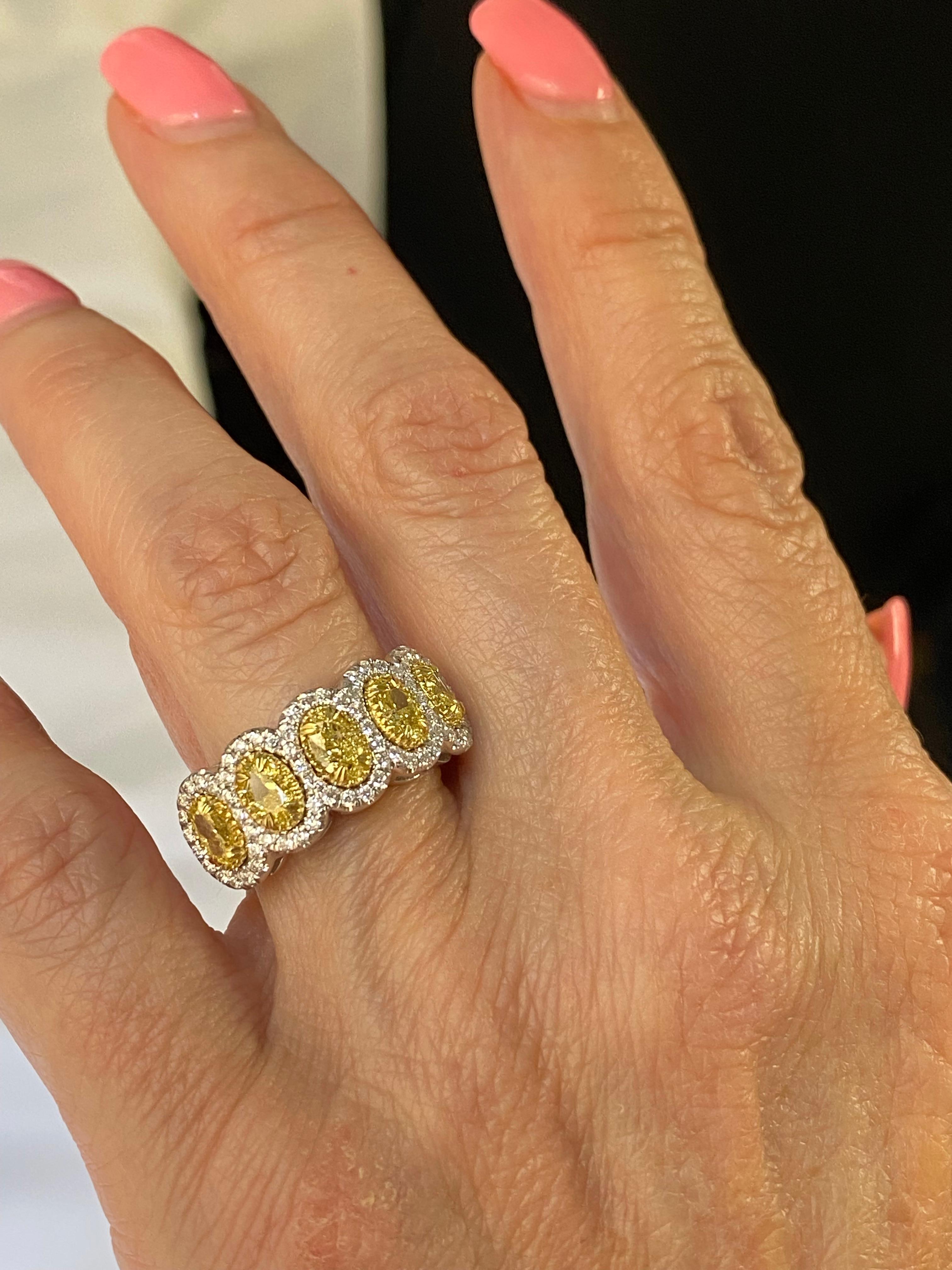 Modern 2.41 Carats Oval Yellow Diamond Halo Wedding Band 14K White Gold For Sale