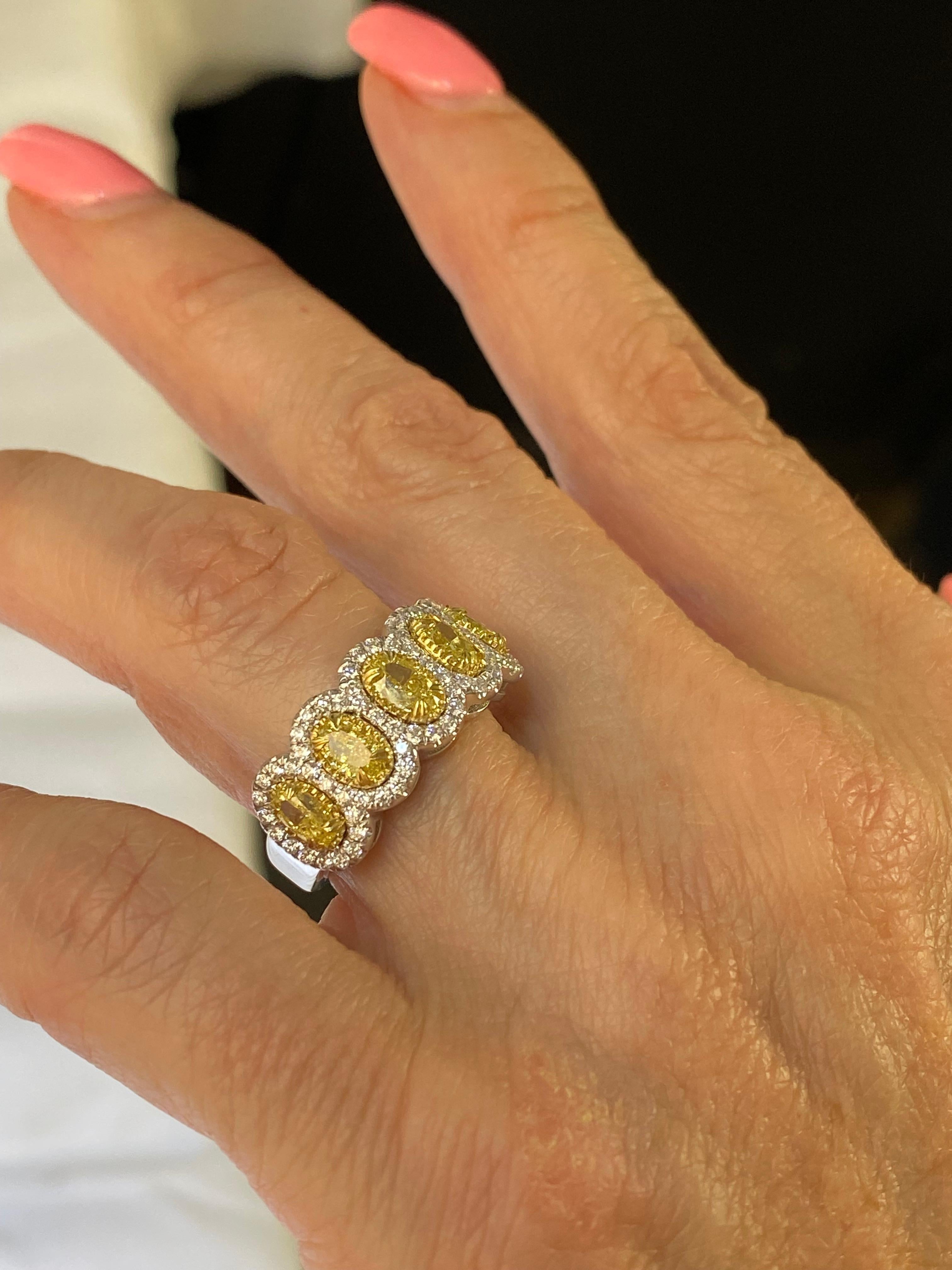 Oval Cut 2.41 Carats Oval Yellow Diamond Halo Wedding Band 14K White Gold For Sale