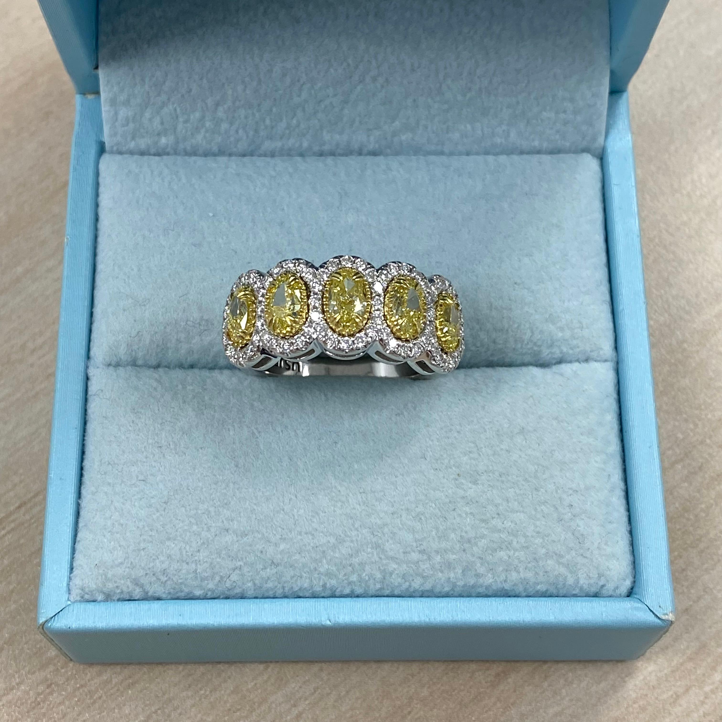 2.41 Carats Oval Yellow Diamond Halo Wedding Band 14K White Gold For Sale 2