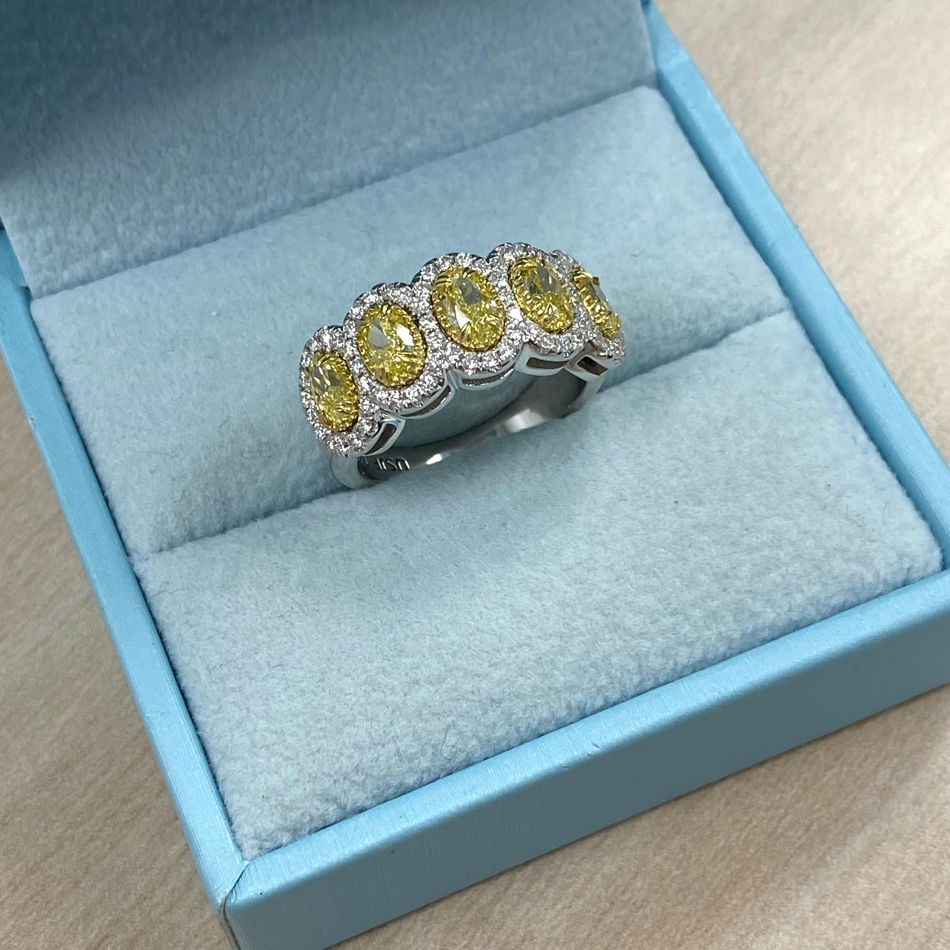 2.41 Carats Oval Yellow Diamond Halo Wedding Band 14K White Gold For Sale 3