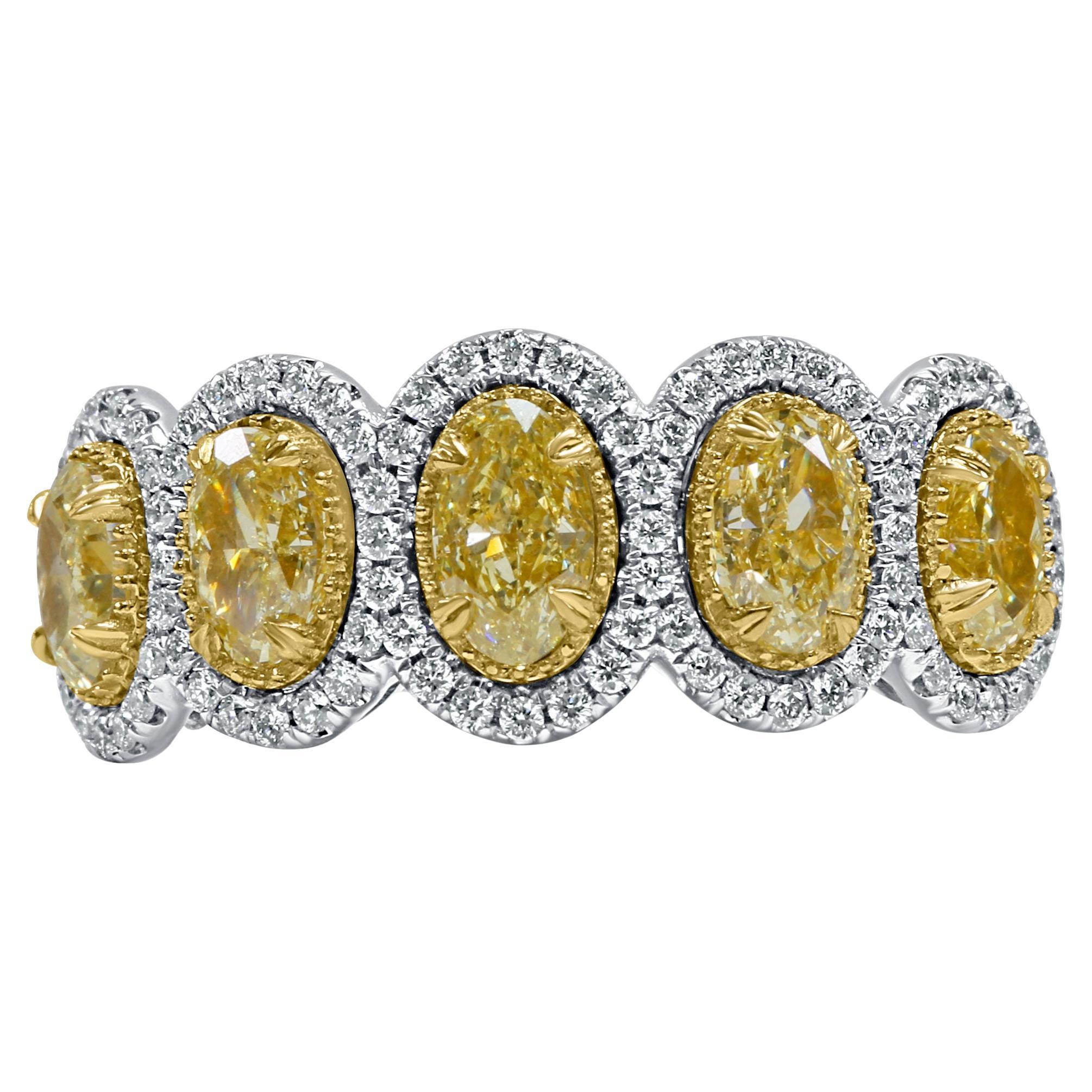 2.41 Carats Oval Yellow Diamond Halo Wedding Band 14K White Gold