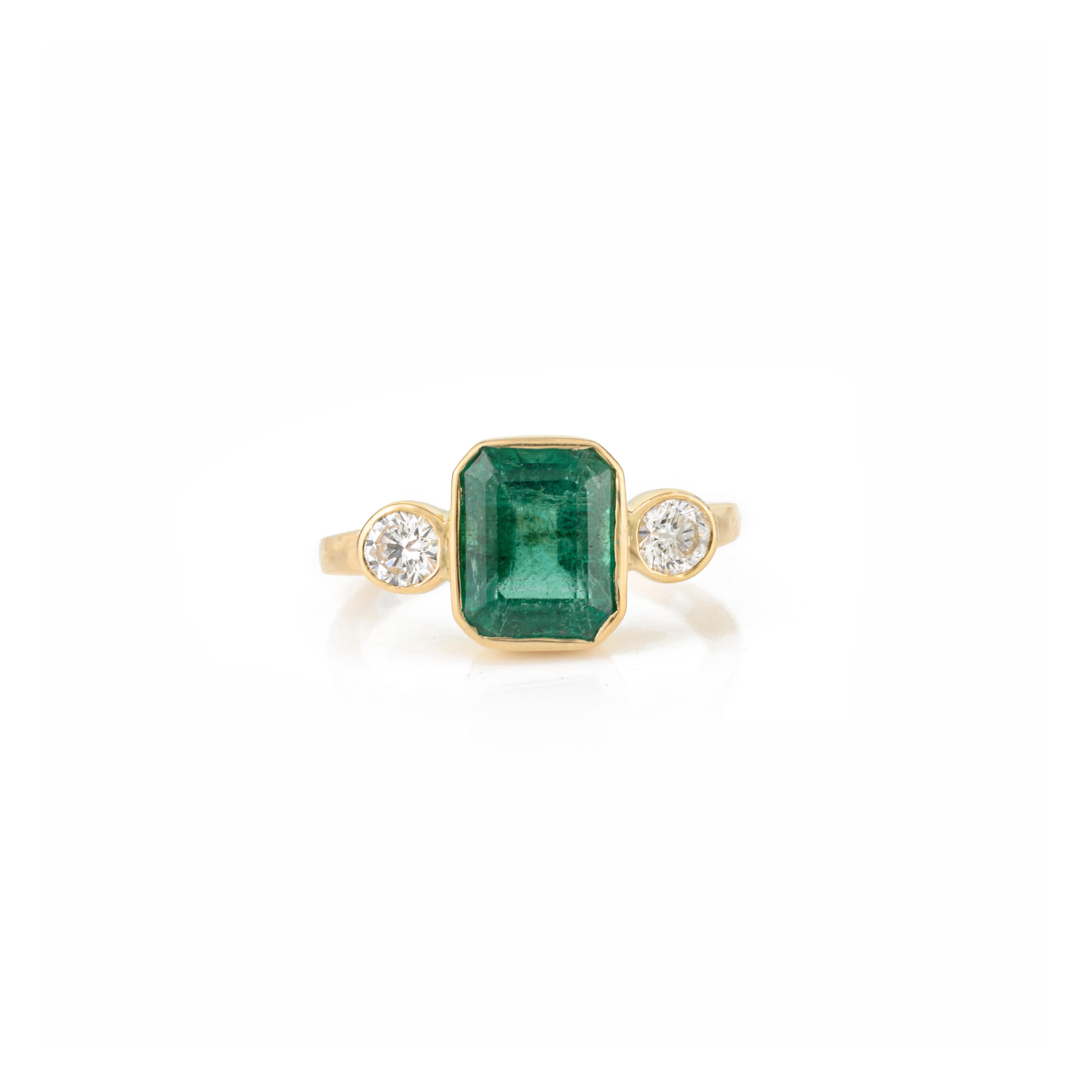 For Sale:  2.41 CTW Natural Emerald Diamond Three Stone Engagement Ring in 18k Yellow Gold 7